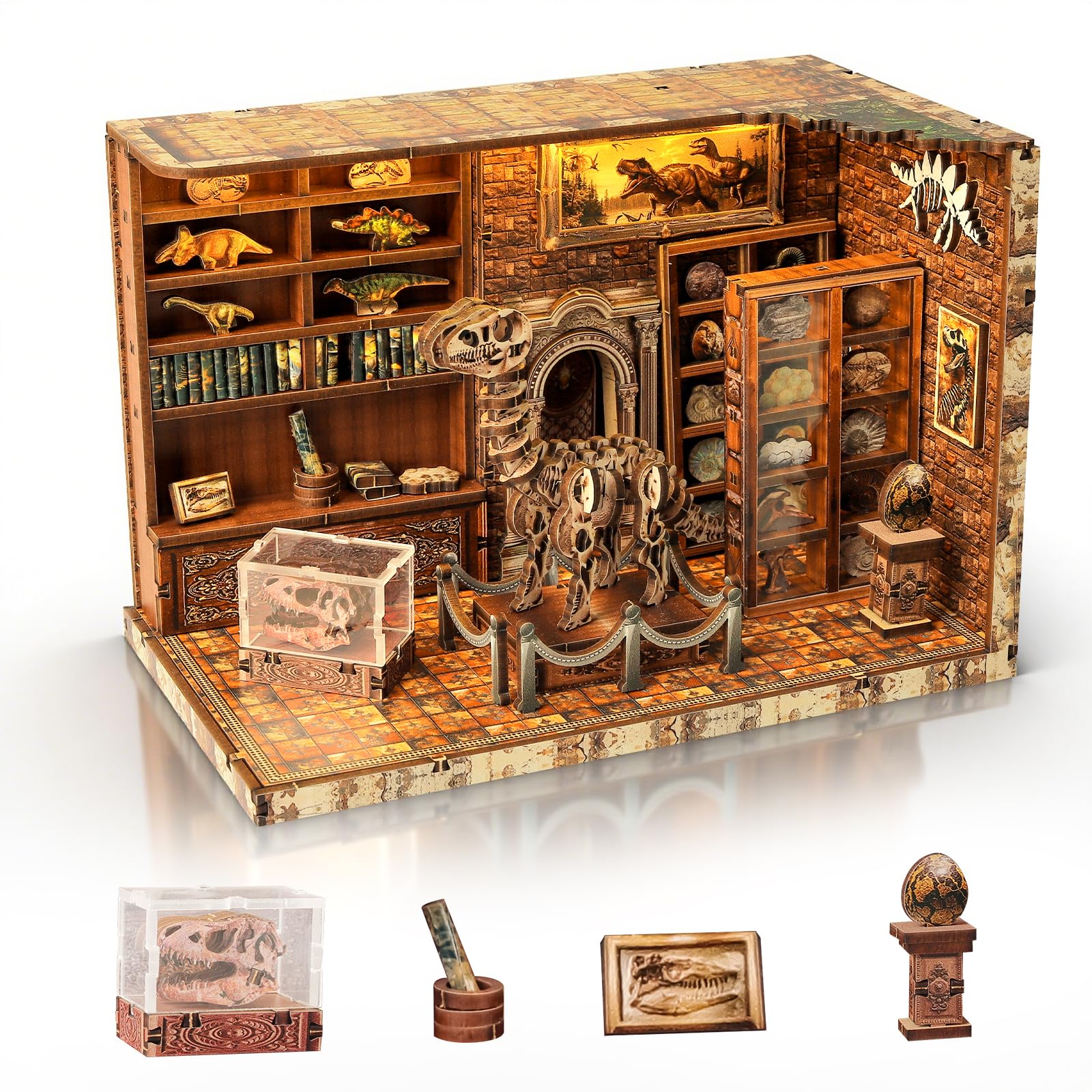 Cuteefun DIY Casa en Miniatura, Miniaturas Maquetas Kit de Madera con LED, Estructura de Ensamblaje con Espigas, Fácil de Montar, Regalo para Cumpleaños, Navidad y Halloween (Sala de Dinosaurios)