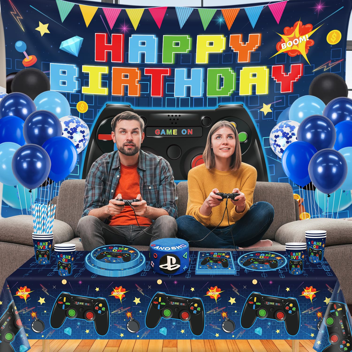 146 Pezzi Decorazioni per Compleanno a Tema Videogioco Accessori per Giochi Set di Stoviglie per Feste di Videogiochi Compreso Sfondo, Piatti e Tovaglia per Decorazioni di Compleanno Bambini per 20