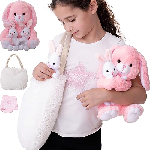 Conejitos de juguete para niñas juego de 5 piezas Mamá y 2 bebés conejo de juguete bolsa de peluche extra grande y manta para muñecas Adorable juego Conejitos de juguete para niñas juego de 5 piezas Mamá y 2 bebés conejo de juguete bolsa de peluche extra grande y manta para muñecas Adorable juego
