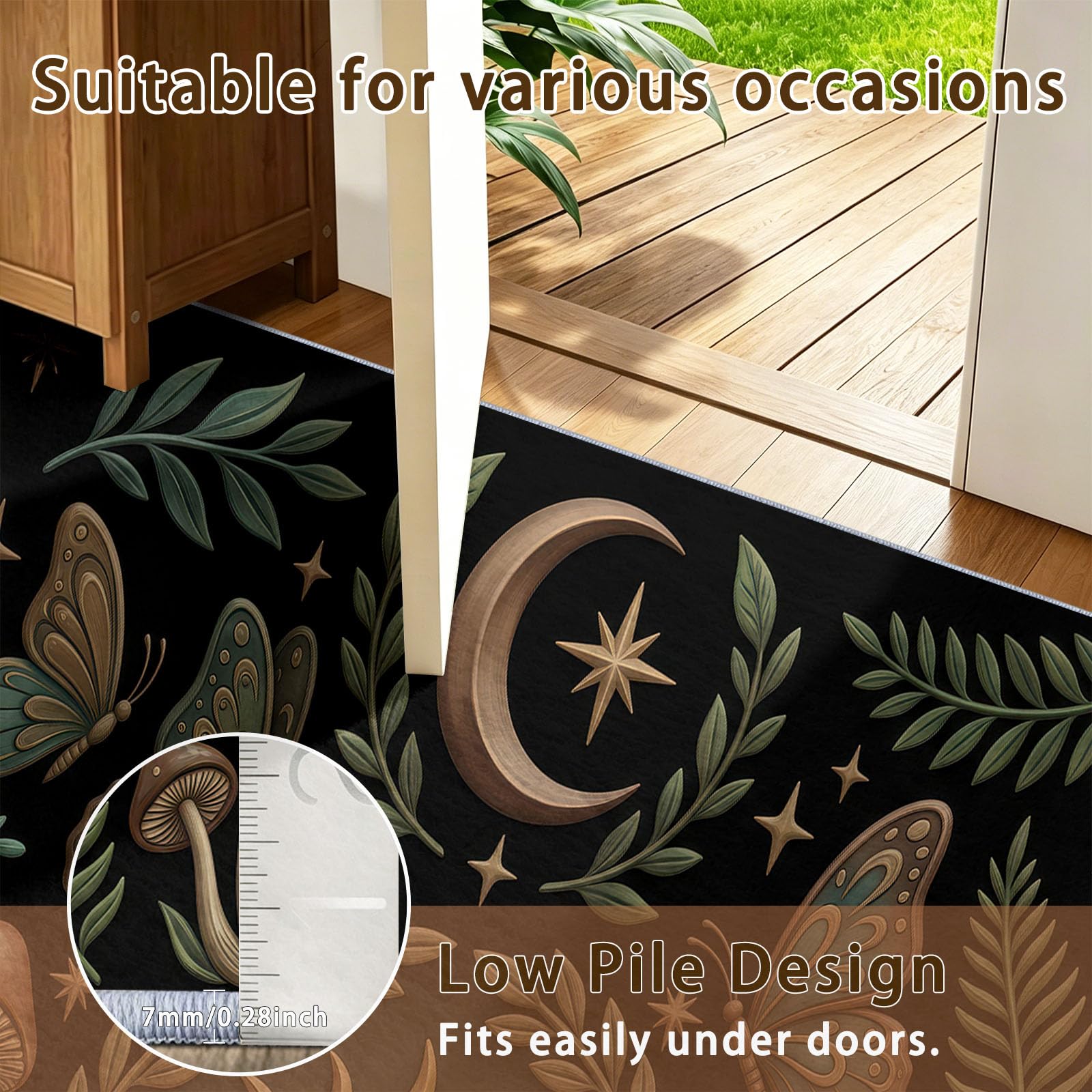 Antidérapant Papillon Soleil Lune Champignon Tapis Salon 140 x 200 cm, Fantastique Bohème Tapis Lavable Doux Poil Court, pour Cuisine Bain Chambre, Multicolore