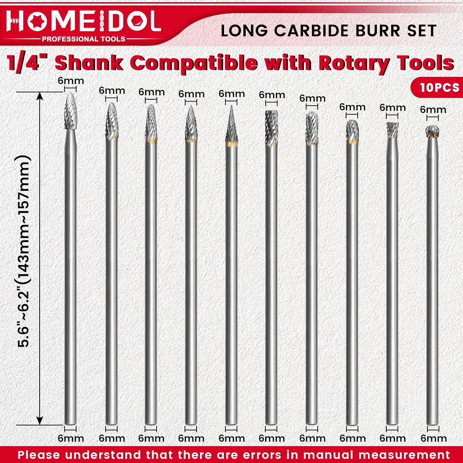 10Pcs Long Carbide Burr Set 1/4" Shank HOMEIDOL 6"(150mm) Long Rotary Files 1/4" Head Die Grinder Bits, Tungsten Carbide Rotary Burr Set, Carbide Drill Bits for Metal Wood Carving Engraving