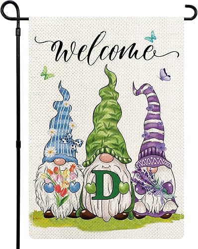 Miniatura 8 de YOVOYOA Bandera de jardín con monograma de flores de gnomos de primavera, bandera de bienvenida de primavera con texto en inglés Hello Spring con