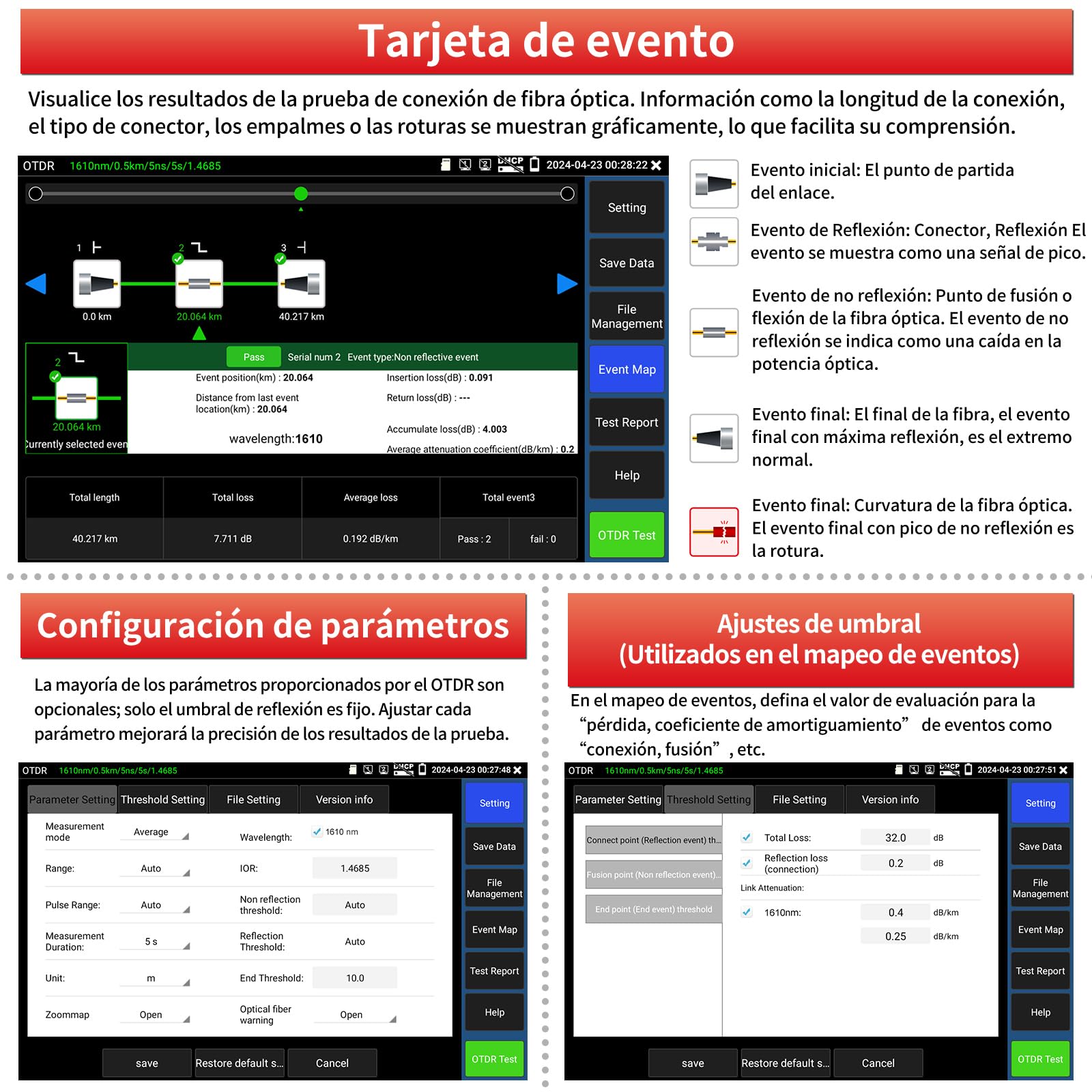 Henkion OTDR 1610nm 32dB Probador Fibra Óptica 1310/1490/1550/1577nm Test Fibra en Vivo/Auto/Experto Mapa Eventos LS OPM OLS Probador Cable Herramientas Red Pantalla Táctil IPS 7" Resolución 1280x800