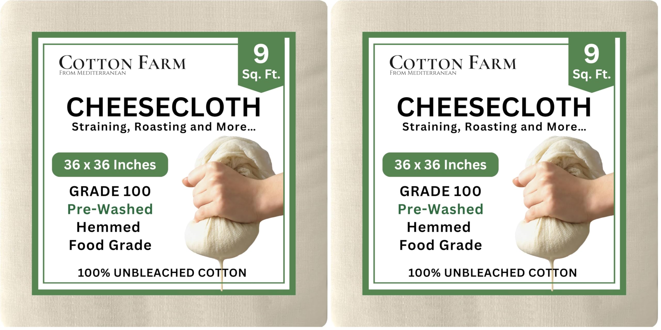 Cotton Farm Grade 100 XL Cheese Cloth for Straining &amp; Cooking; 36x36 Inch; 100% Unbleached Cotton Cheesecloth; Reusable with Finished Edges, Butter Muslin (Pack of 2)
