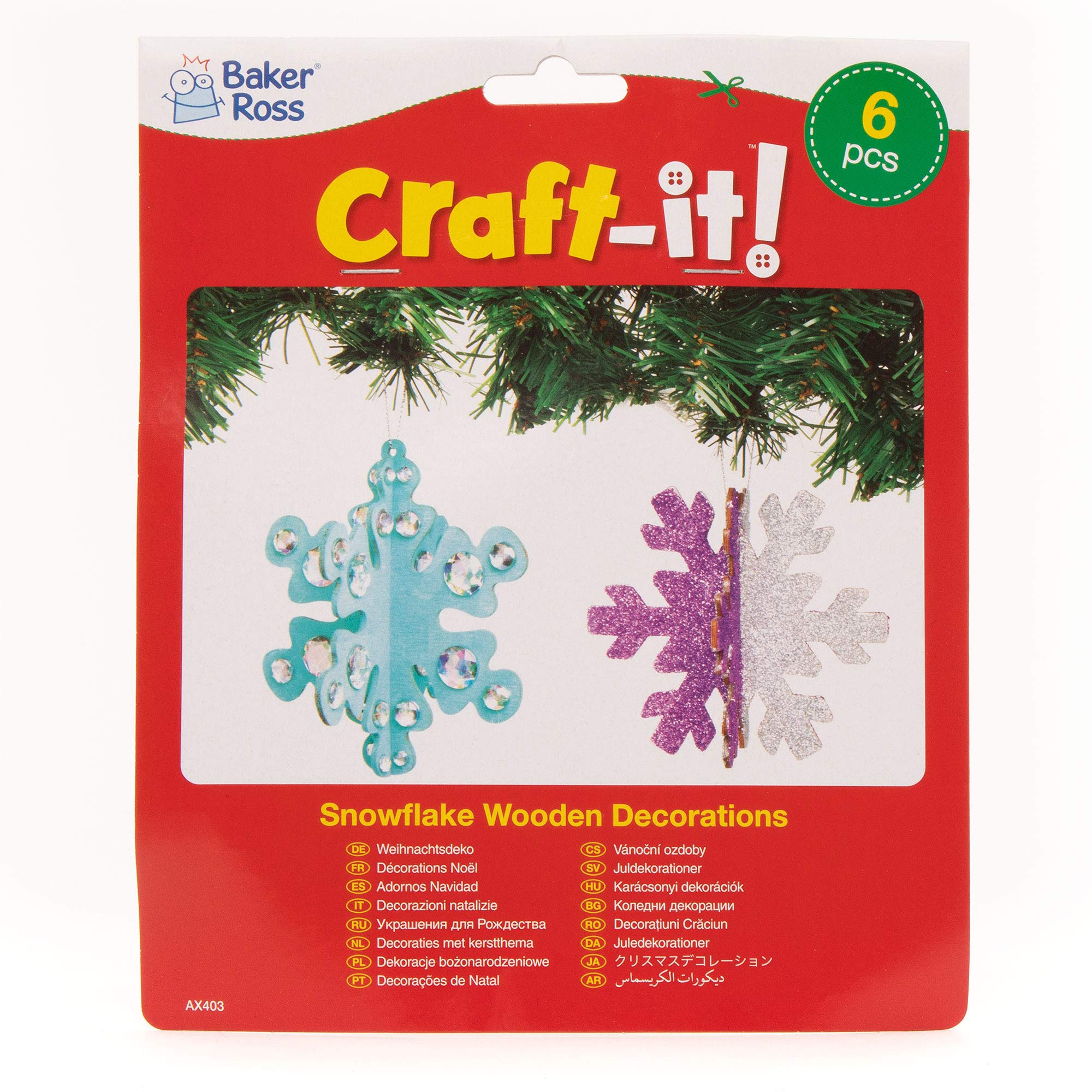 Decorazioni Fiocchi Di Neve 3D In Legno Baker Ross – 6 Pezzi Da Personalizzare E Appendere, Kit Creativo Per Bambini