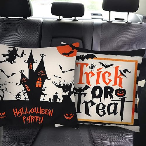 Miniatura 7 de Juego de 4 fundas de almohada de Halloween, 18 x 18 pulgadas, fundas de cojín de bruja murciélago y calabaza, fundas de almohada de Halloween para