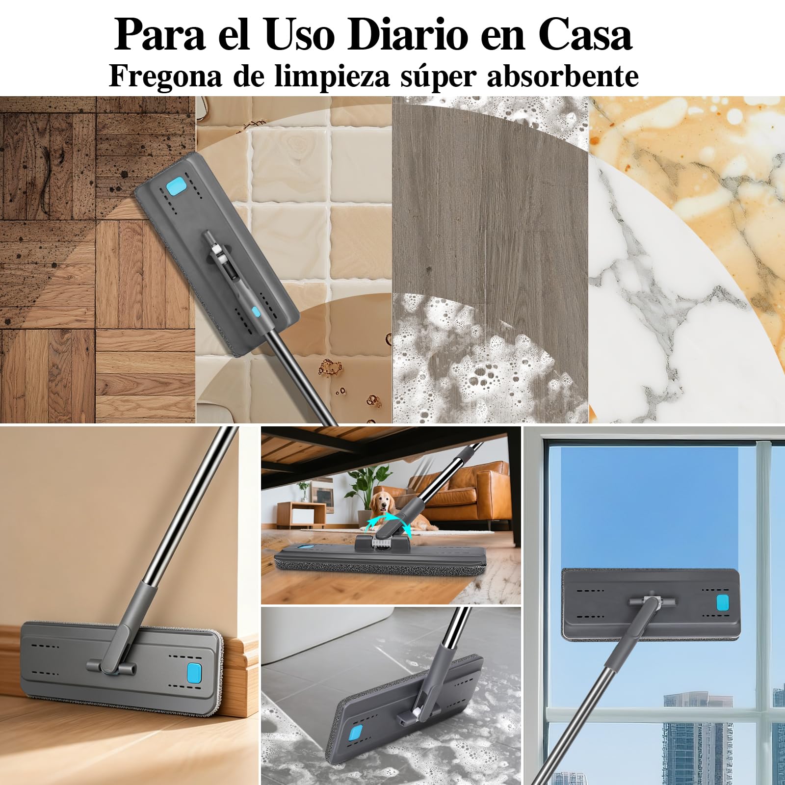 MASTERTOP Mopa Fregona y Cubo Escurridor para Limpieza Suelos Mopa Plana Microfibra con Cubo Dos Compartimentos y 4 Almohadillas Reutilizables para Madera Parquet Azulejo (Gris Oscuro)