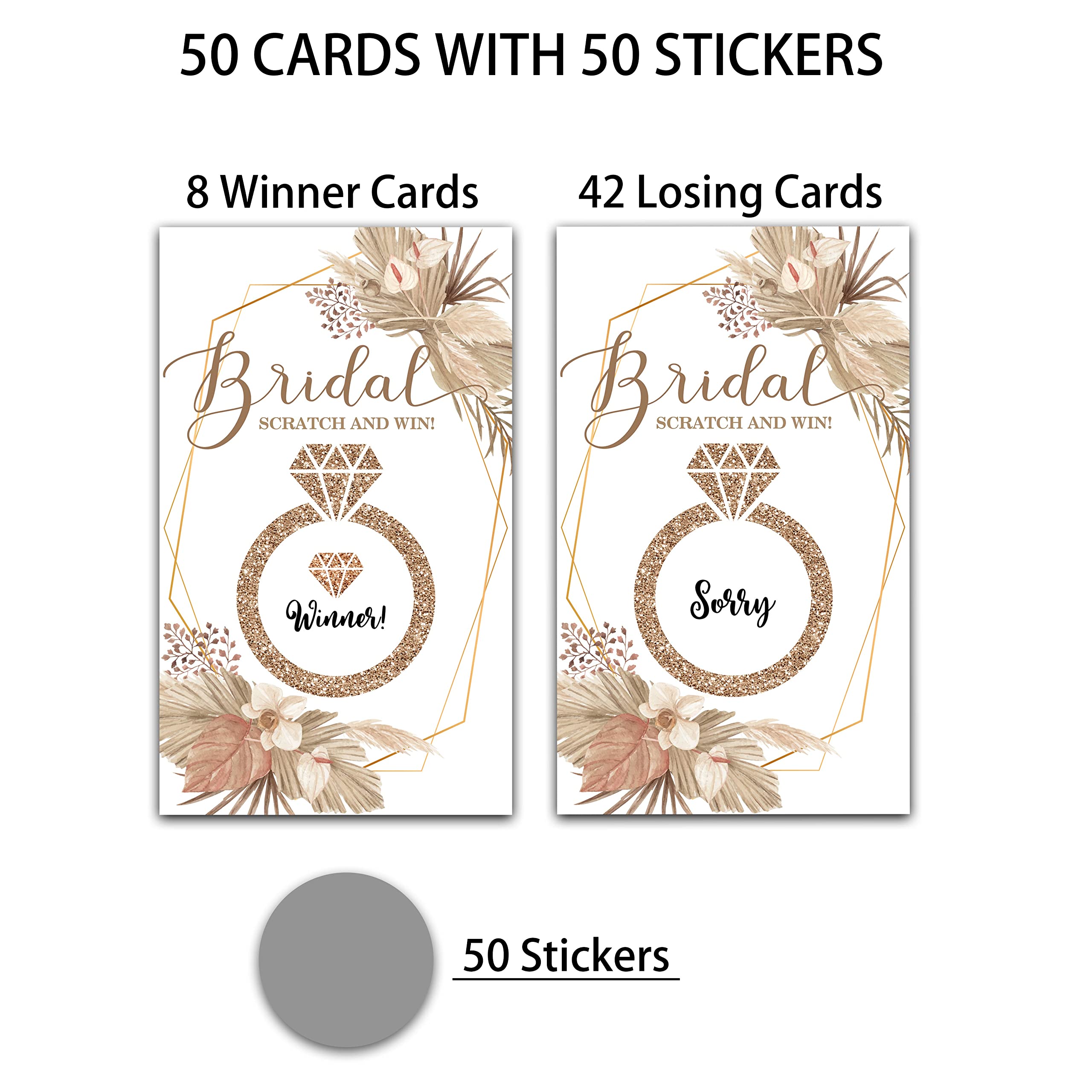 Bridal Shower Scratch Off Game Cards - Pampas Grass Design Lottery Tickets - 50 Pack For Wedding Party Games & Prizes