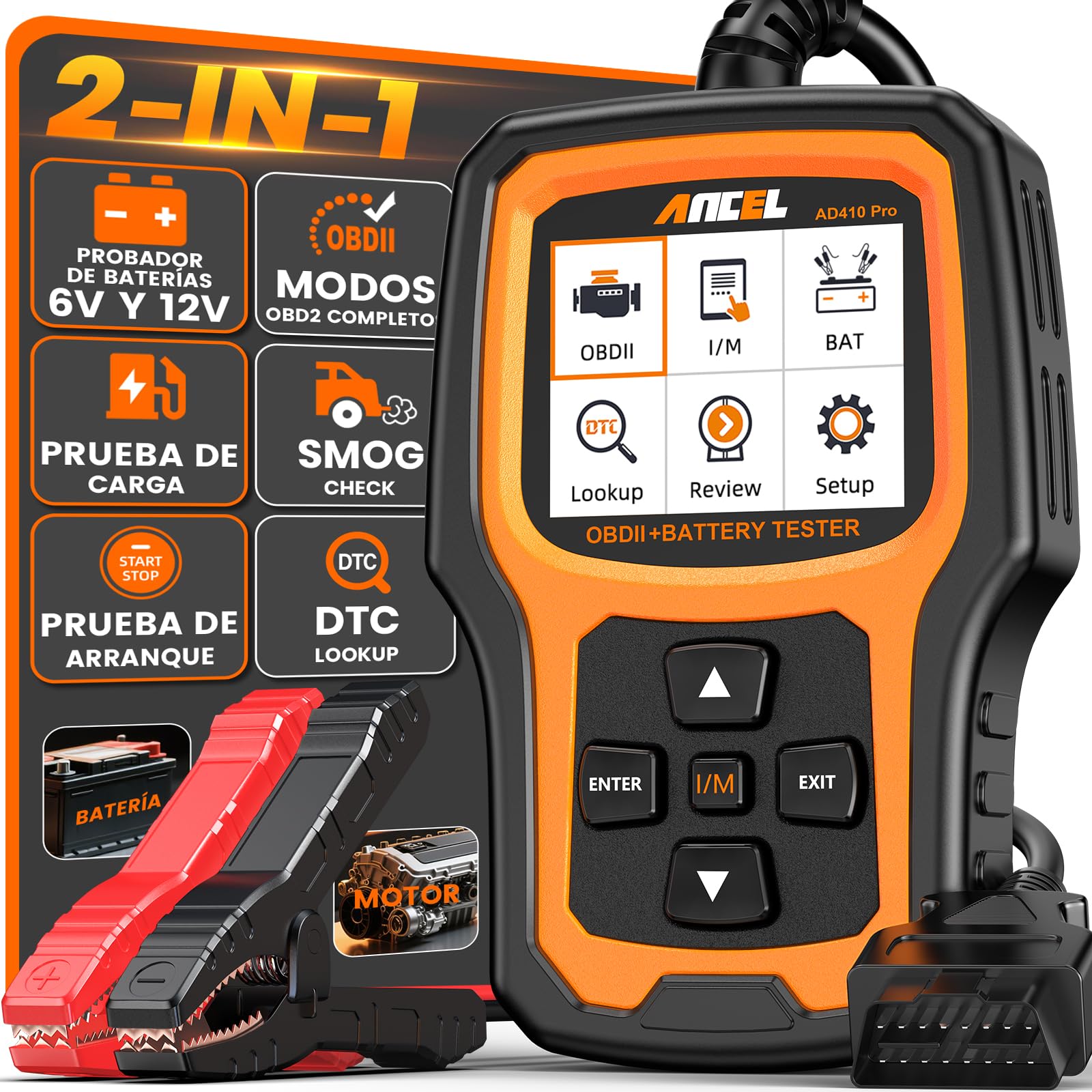 2 en 1 OBD2 Diagnosis Coche y Comprobador de Baterias Ancel AD410PRO | Scanner OBD Multimarca con Completas OBDII Funciones, 100-2000CCA Probador de Batería Auto 12V con test de arranque y carga