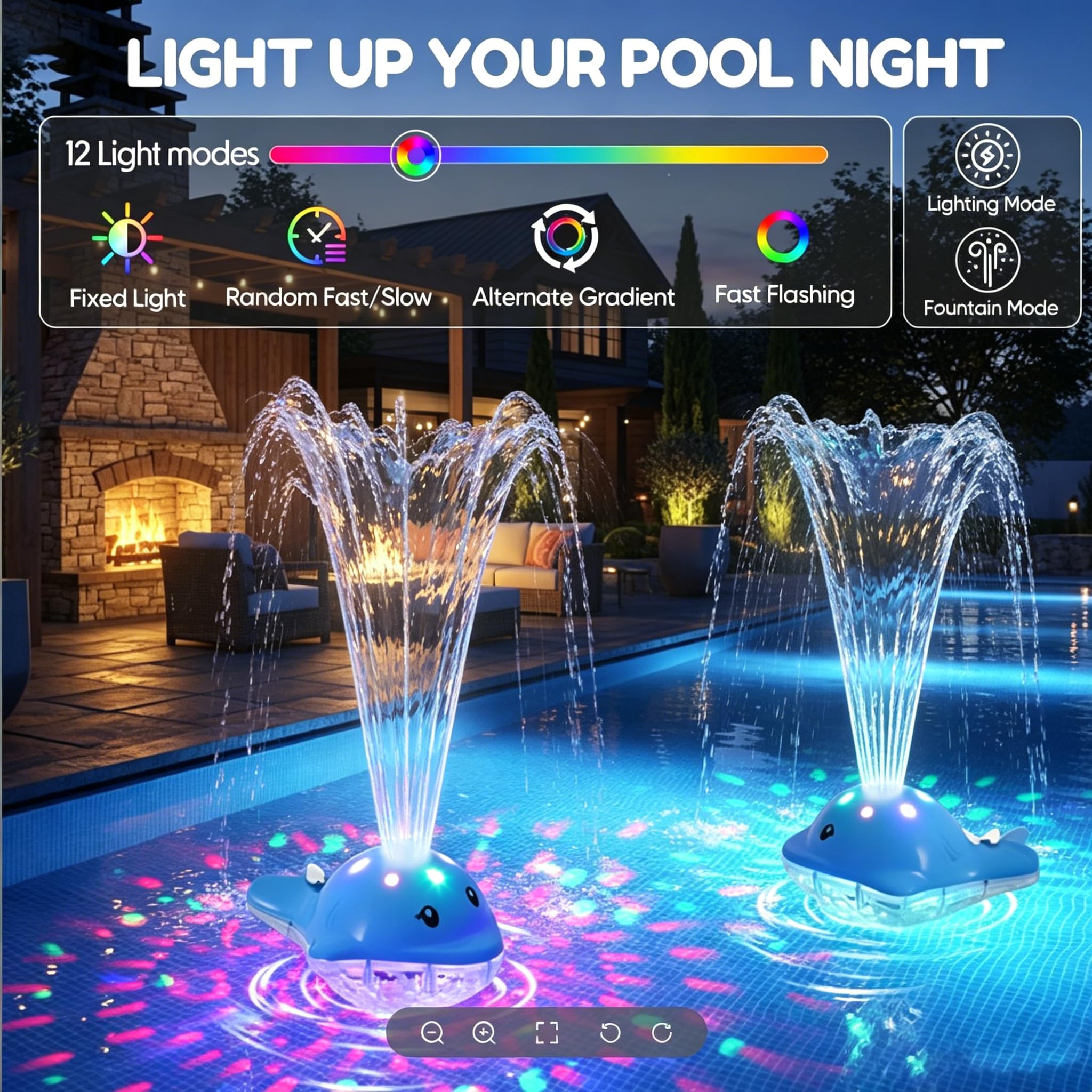 Fontana galleggiante per piscina, con telecomando, 3 modalità di spruzzo e 12 + 12 luci LED, ricaricabile, decorazione ideale per feste notturne, giardino, laghetto