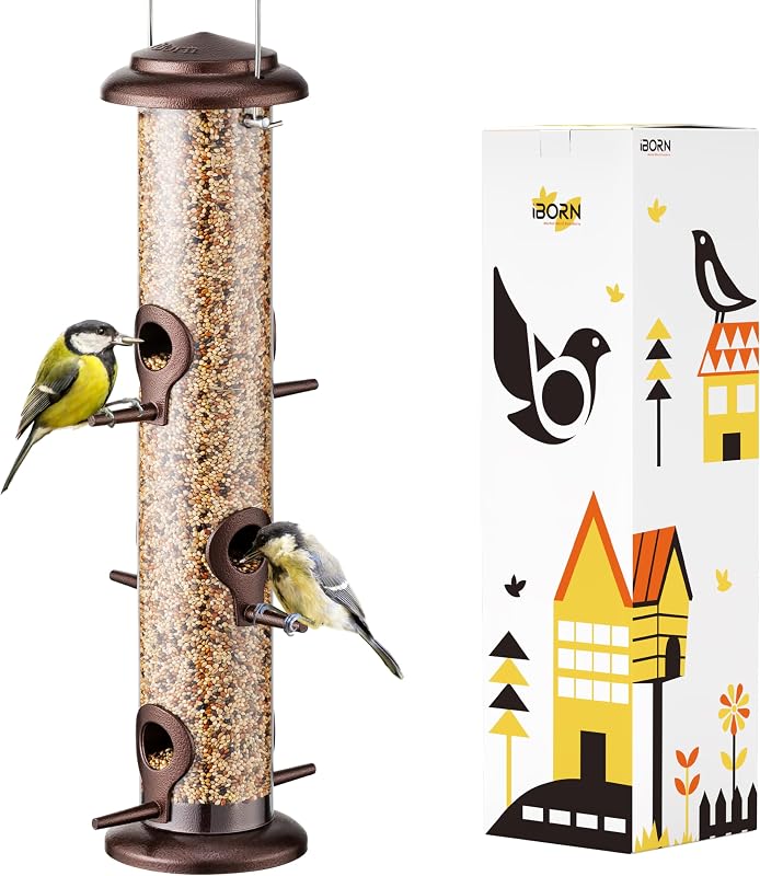iBorn Metal Bird Feeder 6 Ports Hanging Bird Feeder Wild Bird Feeder Hanging Feeder Sunflower Heart Bird Feeder Bird Feeder Feeder Bird Feeding Column Coffee 14 Inch 6 Ports