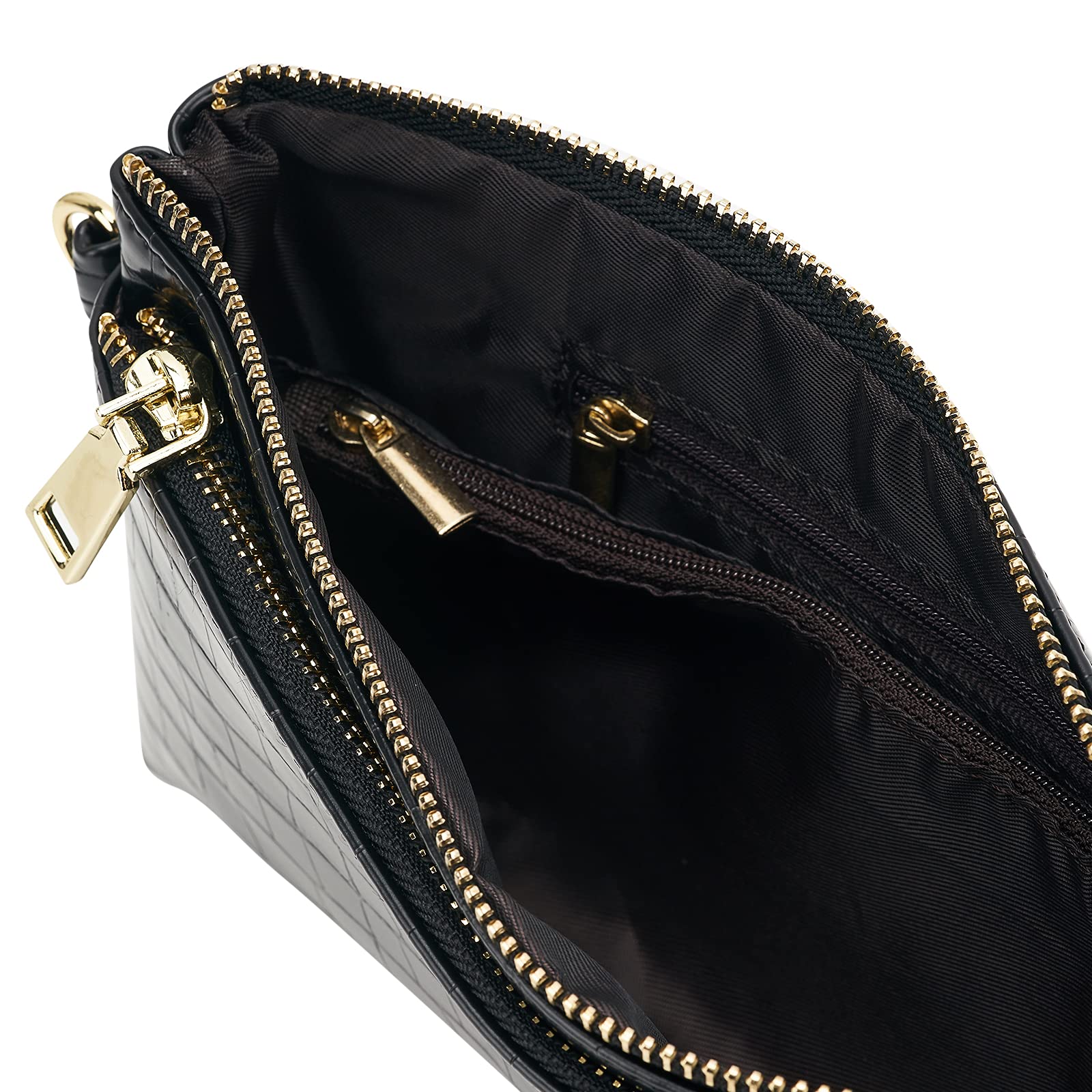 ZOOEASS Triple Zip Small Crossbody Bag Lightweight Purses Vegan Leather Wristlet Clutch, Includes Adjustable Shoulder | Triple Zip, Small, Lightweight, Vegan Leather: Crocodile Blcak