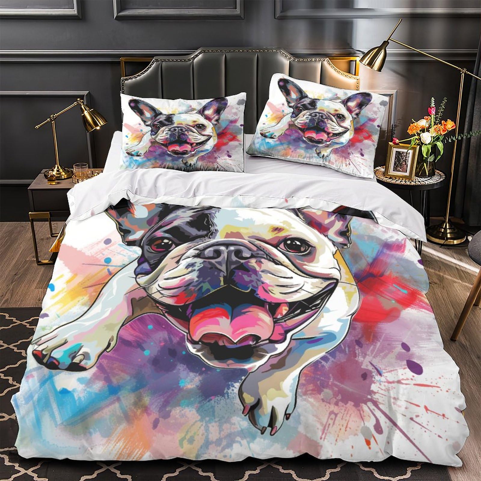 Stampato in 3D Bulldog francese Copertina Stampata Microfibra Disegnata Biancheria Da Letto Stile Morbido Con 2 Federe,Double（200x200cm）, Per Ragazzi Adulti