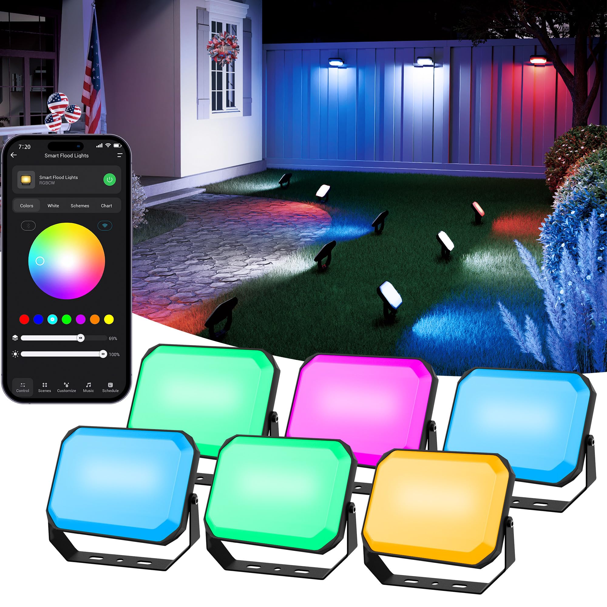 BrizLabs Smart Flood Lights Outdoor, 6 Pack RGBCW Wired Landscape