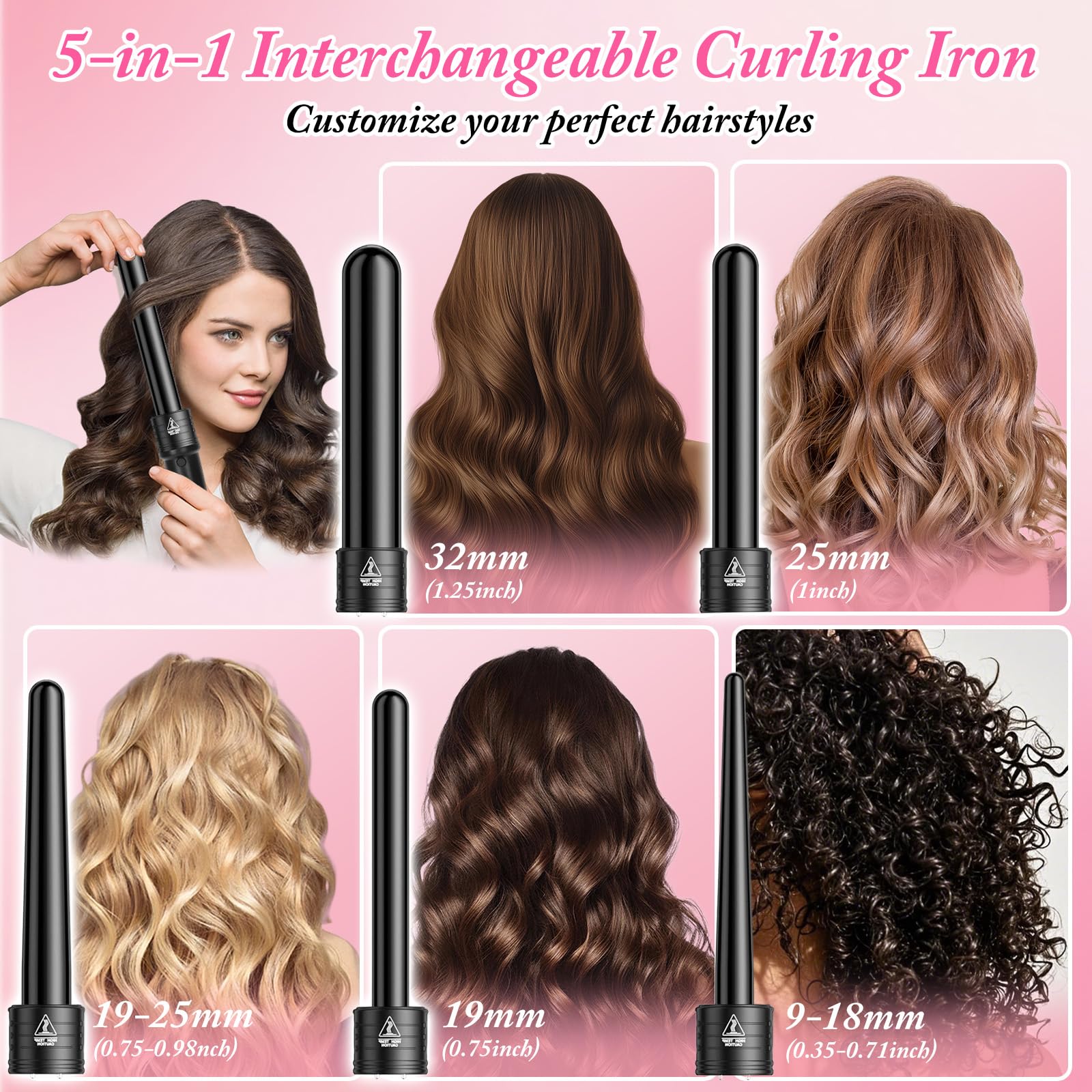 Tenacilla de Pelo Profesional, Moldeador de Pelo, 5 en 1 Rizador de Pelo, Recubrimiento Cerámico, Guante Resistente, Temperatura Ajustable 150℃-210℃, Cable Profesional Giratorio