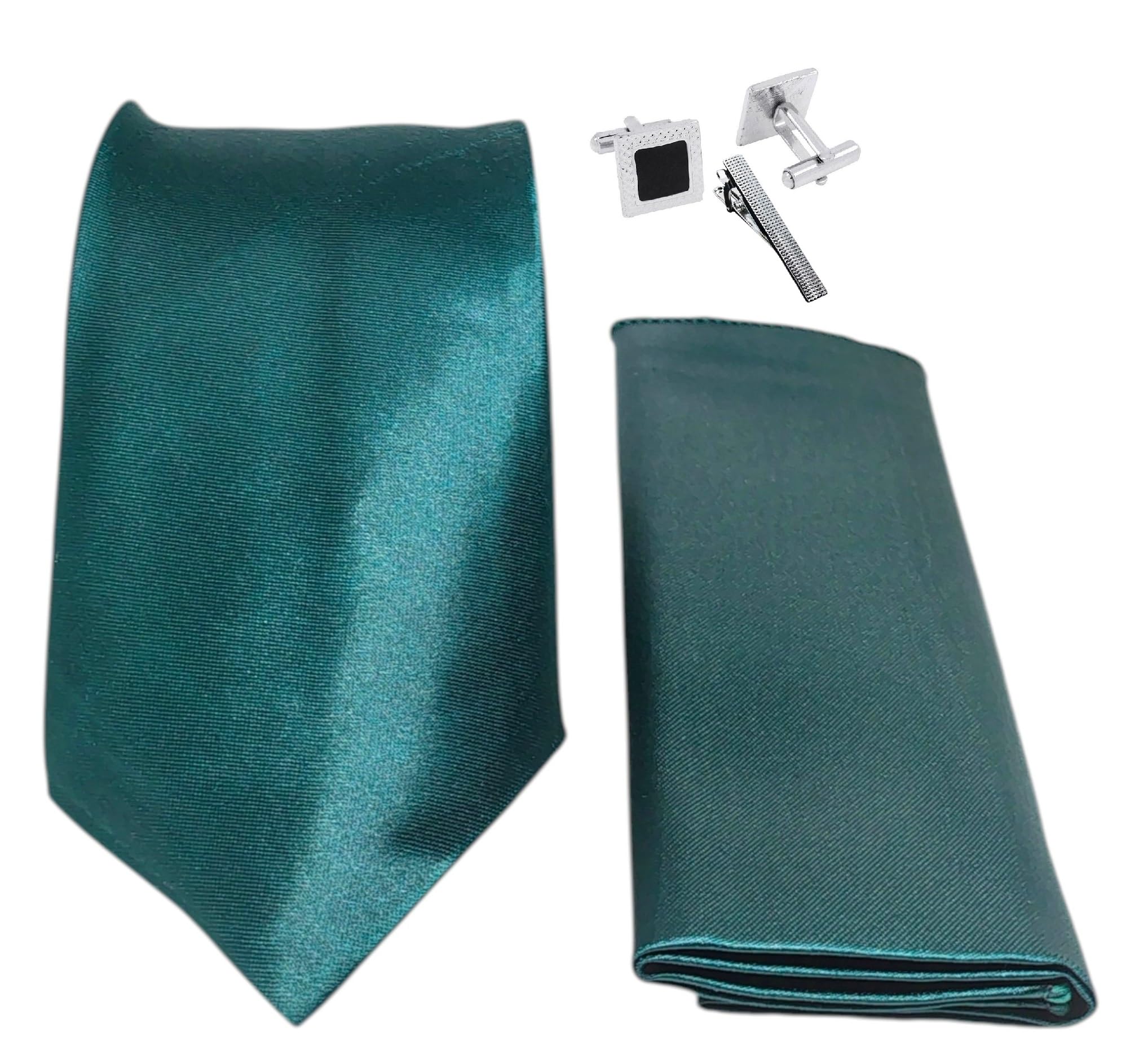 FashMade Premium Italian Silk Solid Color Tie, Pocket Square with Square Brass Cufflinks & Silver Honeycomb Tie Pin Combo in Leather Gift Box for Men – Formal & Wedding-image-4