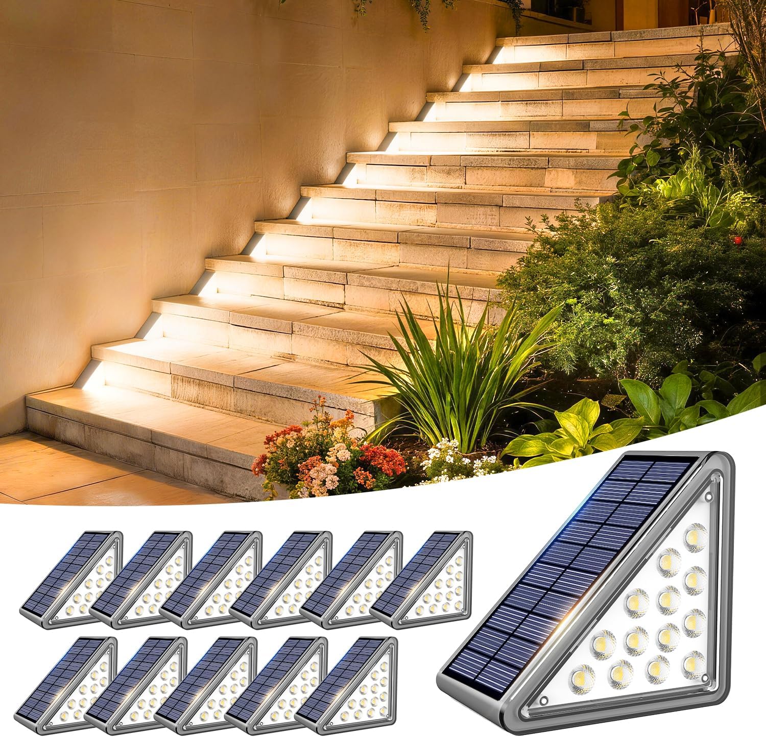 Solar Step Light Outdoor Stair Lights, Deck Lights Outdoor Powered IP65 Waterproof, 3000K Warm White Solar Outdoor Step Light, Decor for Stair, Deck, Step, Porch and Outside Patio, 12 Pack