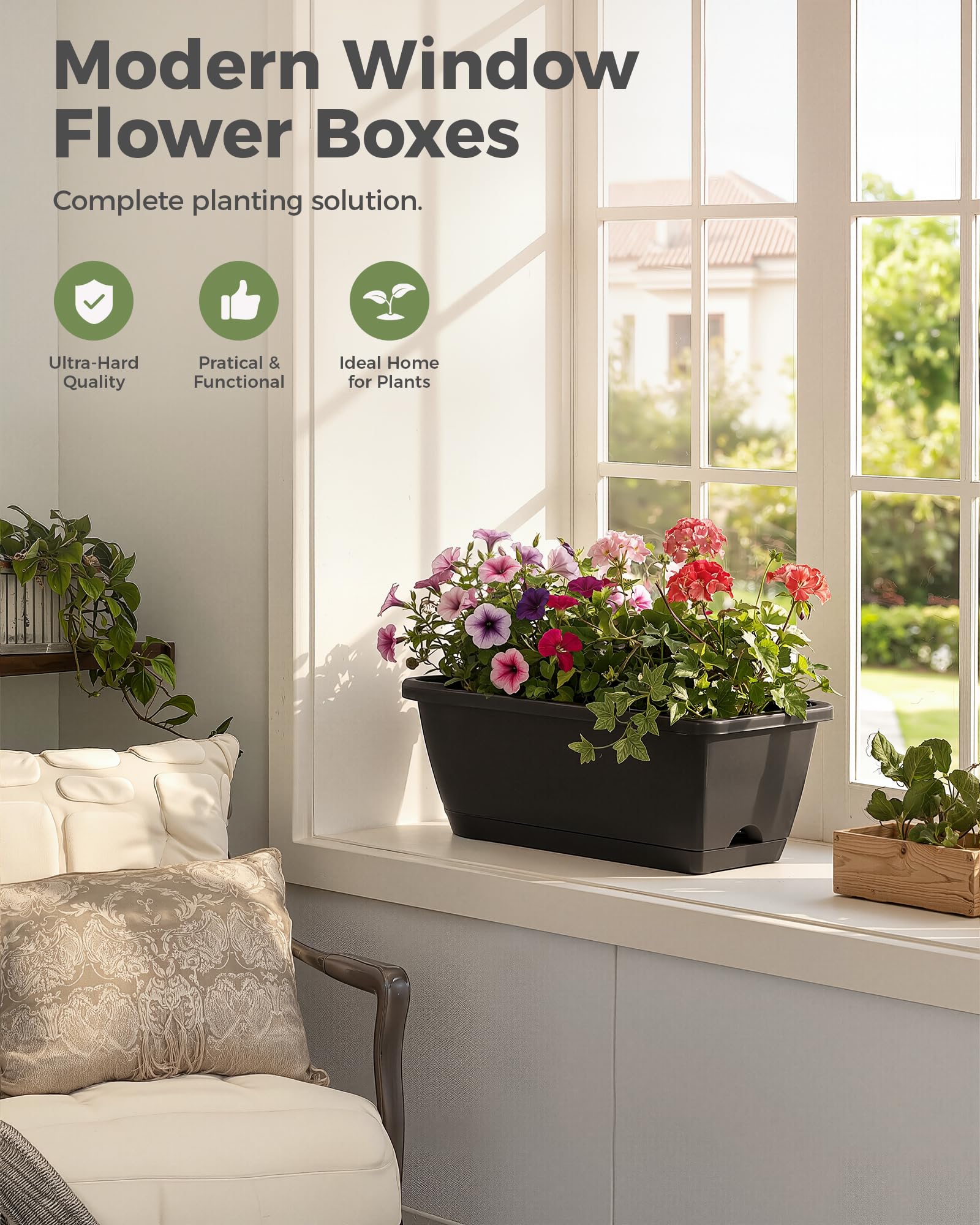 Bamworld 7 Stück Blumenkasten für Fensterbank, 43 cm Rechteckiger Blumenkübel mit Drainage, Kunststoff Pflanzkasten für Fenster Balkon Terrasse, Schwarz