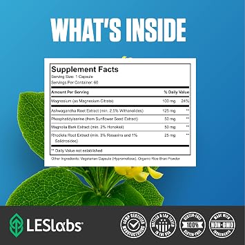 LES Labs Cortisol Health Stress Relief, Balanced Cortisol Response, Relaxation & Deep Sleep Phosphatidylserine, Magnesium, Magnolia Bark, Rhodiola Rosea & Ashwagandha Non-GMO 60 Capsules