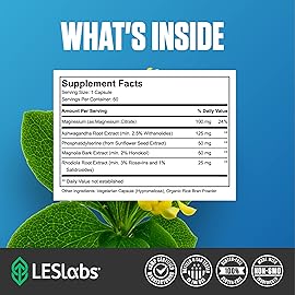 LES Labs Cortisol Health - Stress Relief, Balanced Cortisol Response, Relaxation & Deep Sleep - Phosphatidylserine, Magnesium, Magnolia Bark, Rhodiola Rosea & Ashwagandha - Non-GMO - 60 Capsules