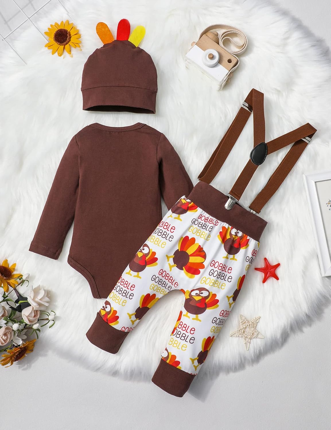 KANGKANG My First Thanksgiving Baby Boy Romper Outfit Newborn Boy Clothes Turkey Romper + Suspender Pants with Hat - Image 6