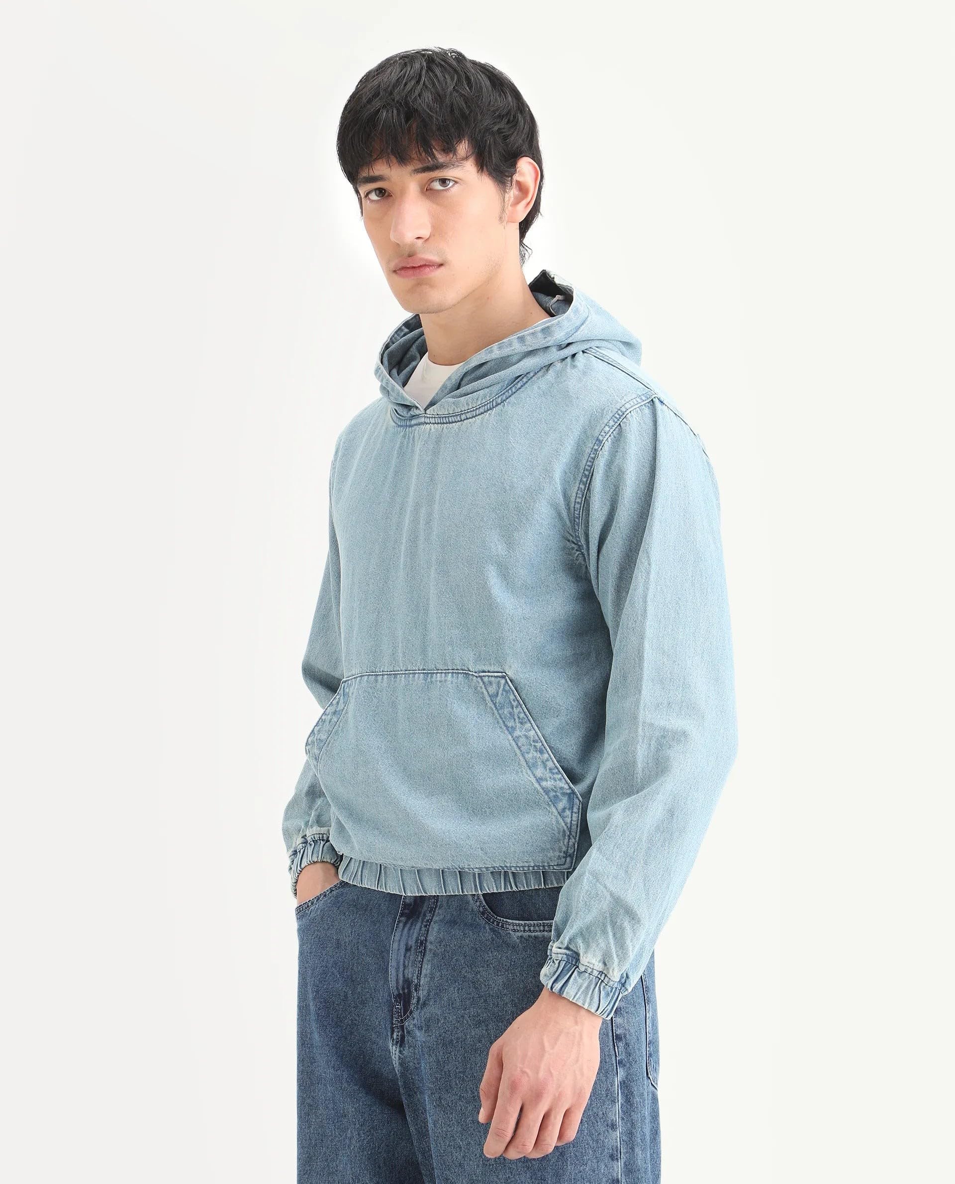 Rare Rabbit Men's Voltas Light Blue Cotton Plain Oversized Fit Full Sleeve Hooded Sweatshirt 3