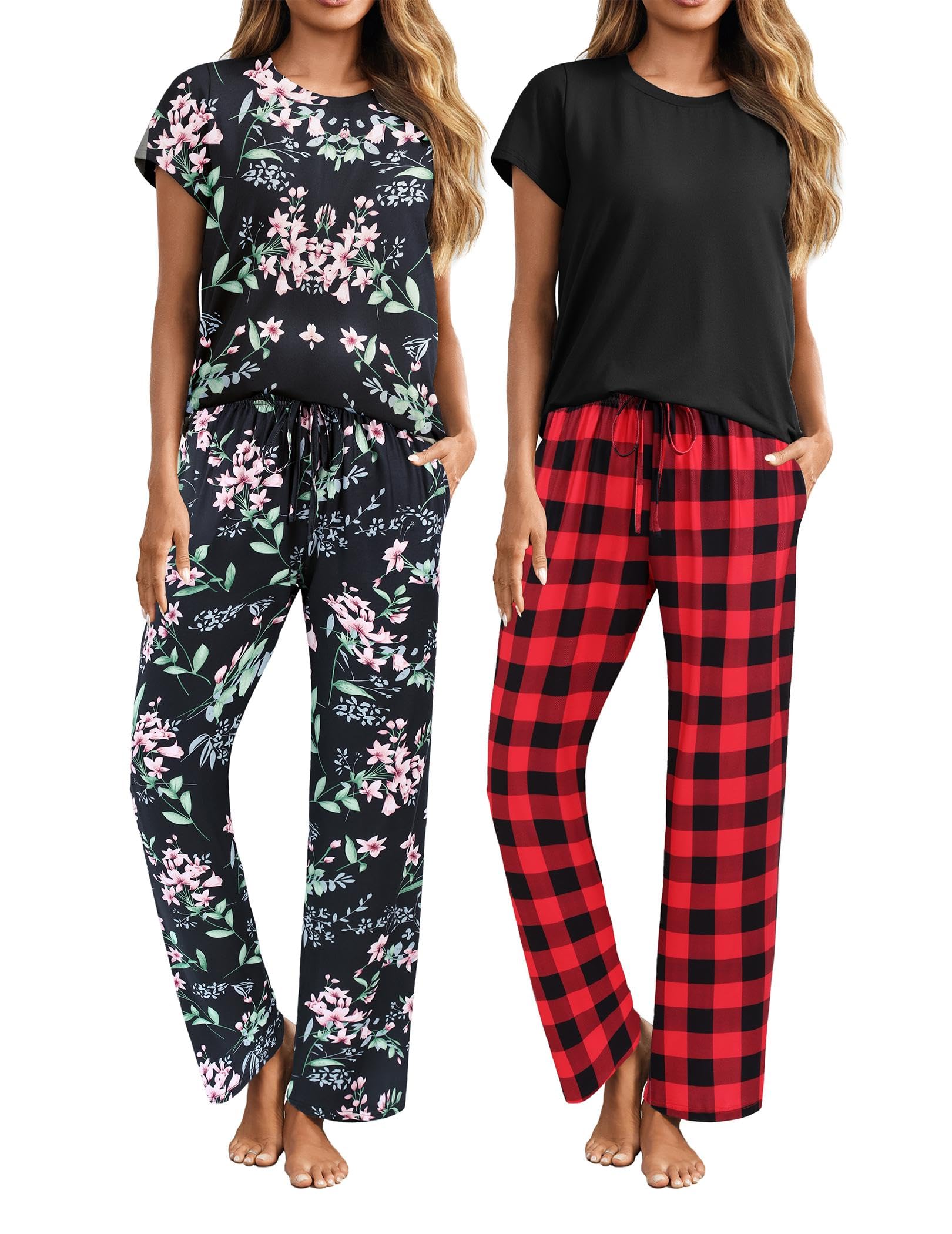 ELESOL 2 Piece Outfits For Women Lounge Sets Pajama Sets Short Sleeve Top and Pants with Pockets