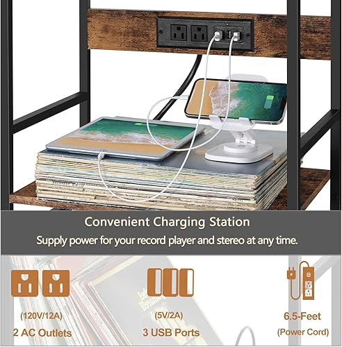 Miniatura 2 de Soporte para tocadiscos, mesa de almacenamiento de vinilo de 3 niveles con soporte para guitarra, soporte para tocadiscos con estación de carga y