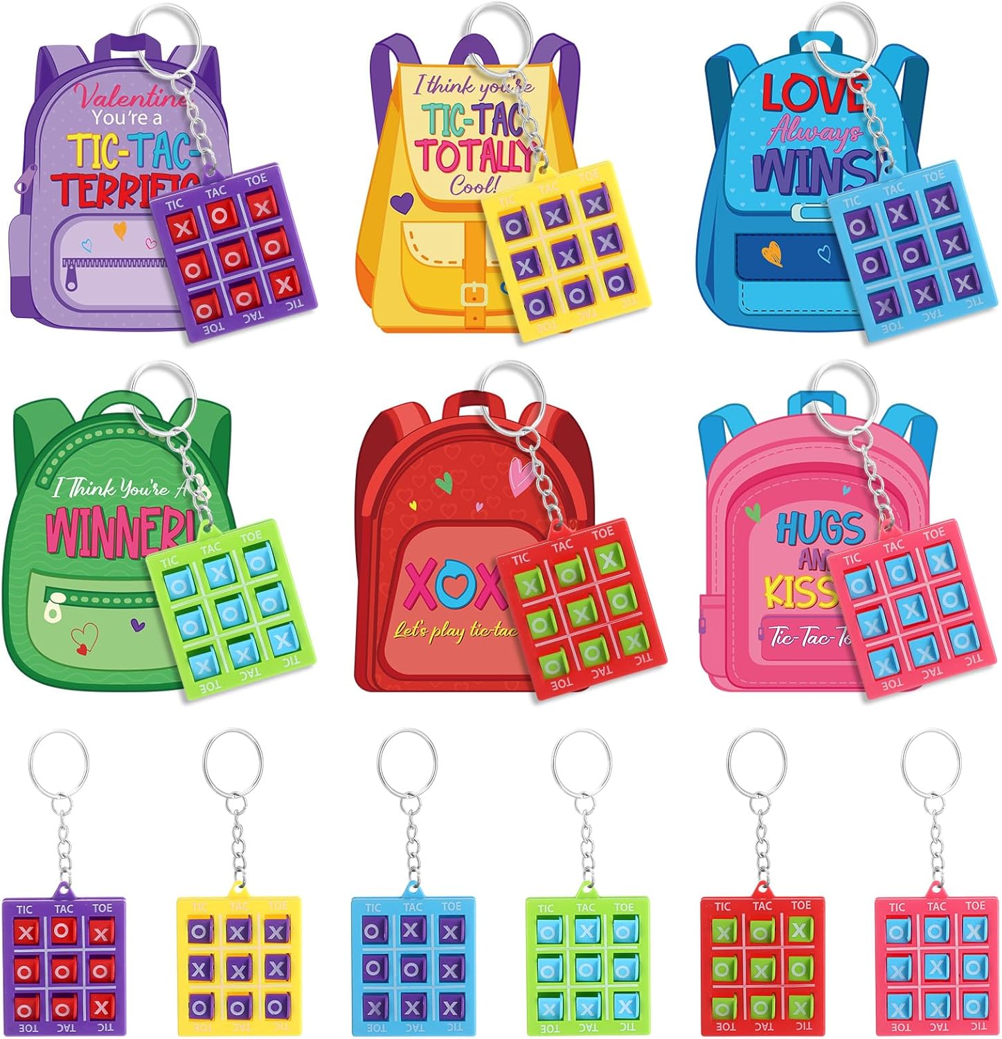Capoda 30 Set Valentines Day Tic Tac Toe Game Keychains with Gift Cards Valentine's Day Keychains Gifts for Kids School Classroom Favors Exchange Prizes Bags Stuffers (Backpack)