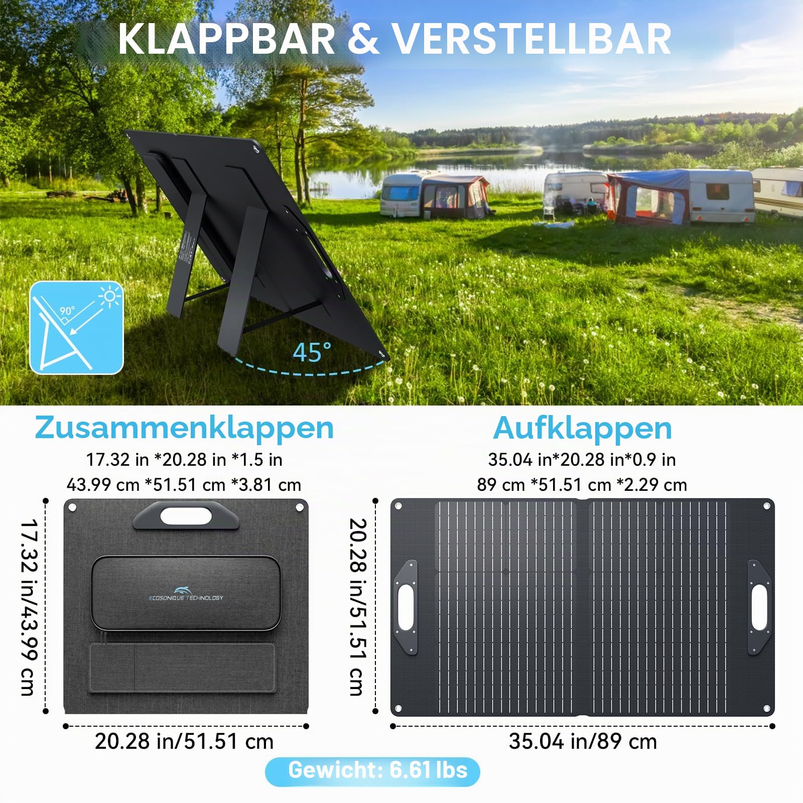 Ecosonique 60W Solarpanel mit Abnehmbarem Power Hub, 18V MC-4/12V DC/USB-A & USB-C Solar Charger mit Kickstand, ETFE & Handle Tragbare Solarmodule zum Camping