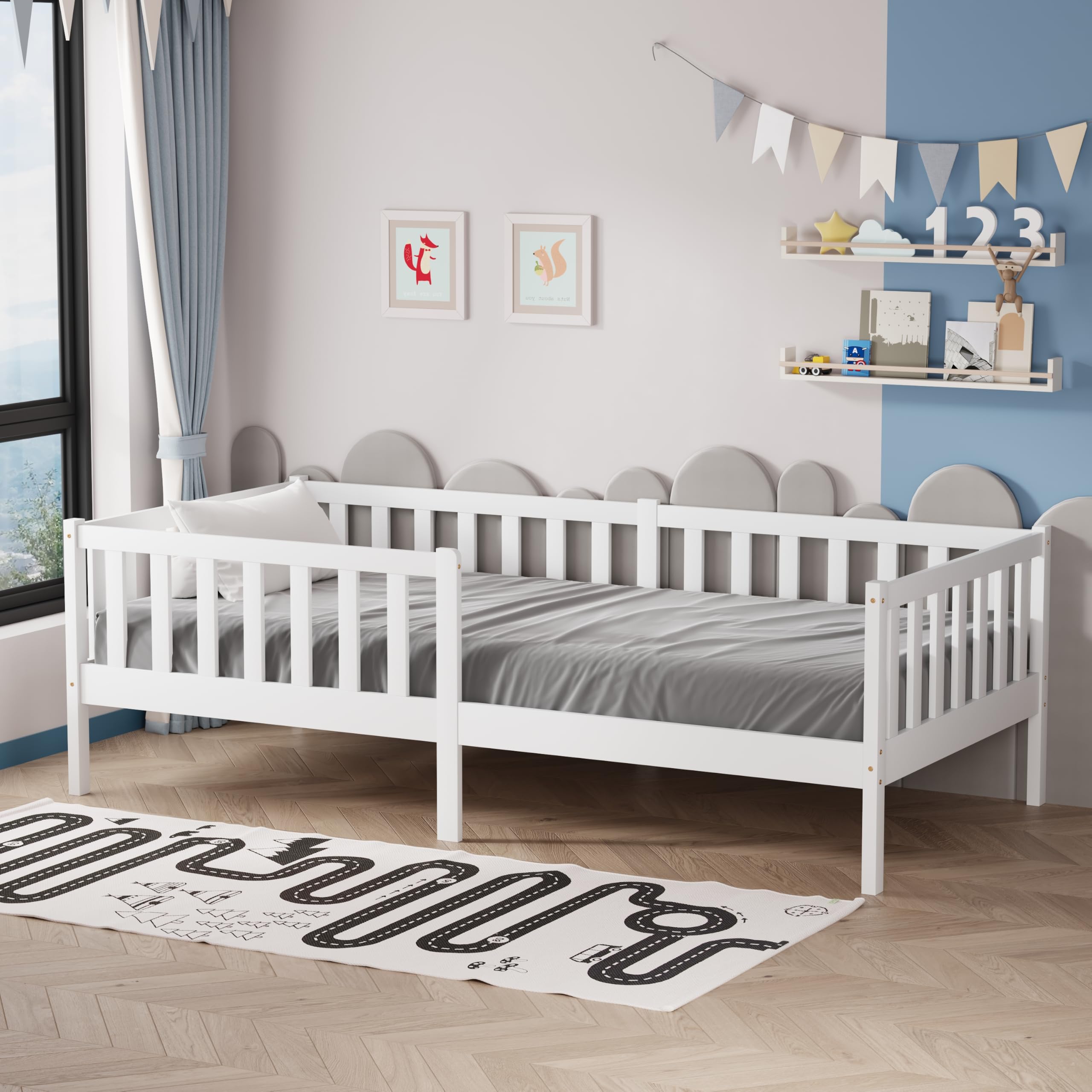 AVC Designs Junior Wooden Bed With Side Rails Toddler Solid Pine Wood Modern Children Kids Junior Bed Frame White 190 x 90cm Mattress size