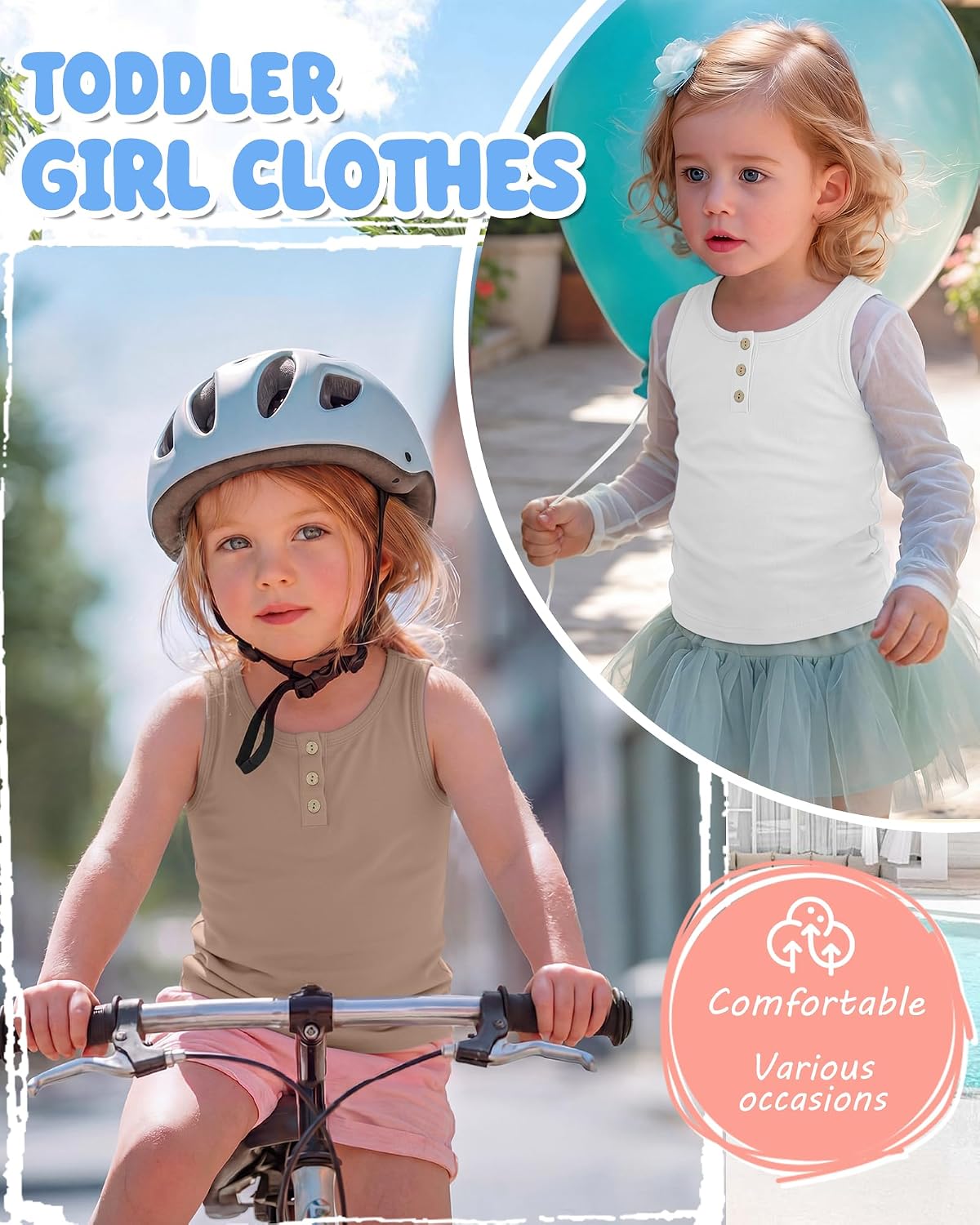 Xaatren 3 Pack Toddler Girls' Tank Tops Toddlers Sleeveless Undershirts Kids Three-Button Crew Neck Tops 18m-5t