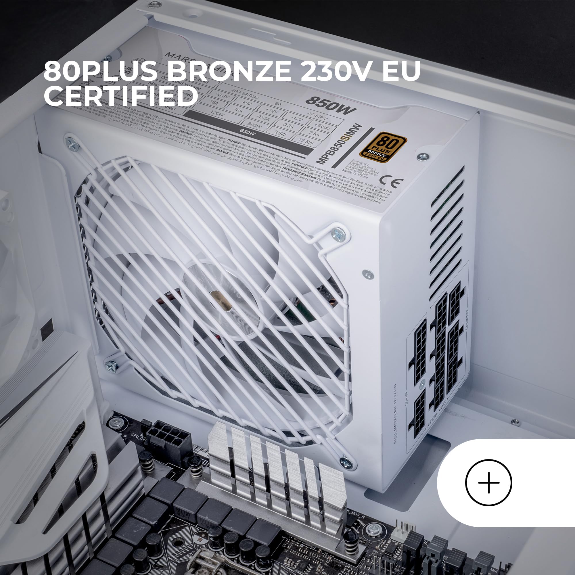 MARS GAMING MPB850SIM, Alimentatore ATX Full Modulare 850W, Garanzia 7 Anni, 80Plus Bronze 230V EU, 90% di Efficienza, Ventola SI Extreme Silence 140mm, Tecnologie AI2-RPM, DC-DC e SMD, Bianco