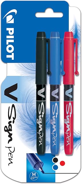 Pilot V-Sign Pen Felt Pens Pack of 3 Medium Point Black/Blue/Red
