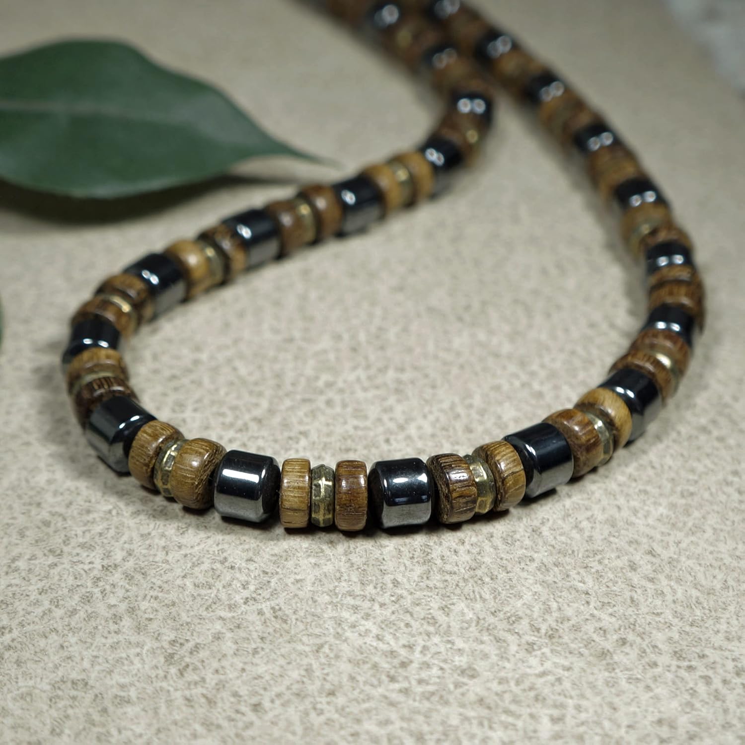 Handmade Men’s Hematite and Wood Beaded Necklace – 16, 18, 20 or 24 inch