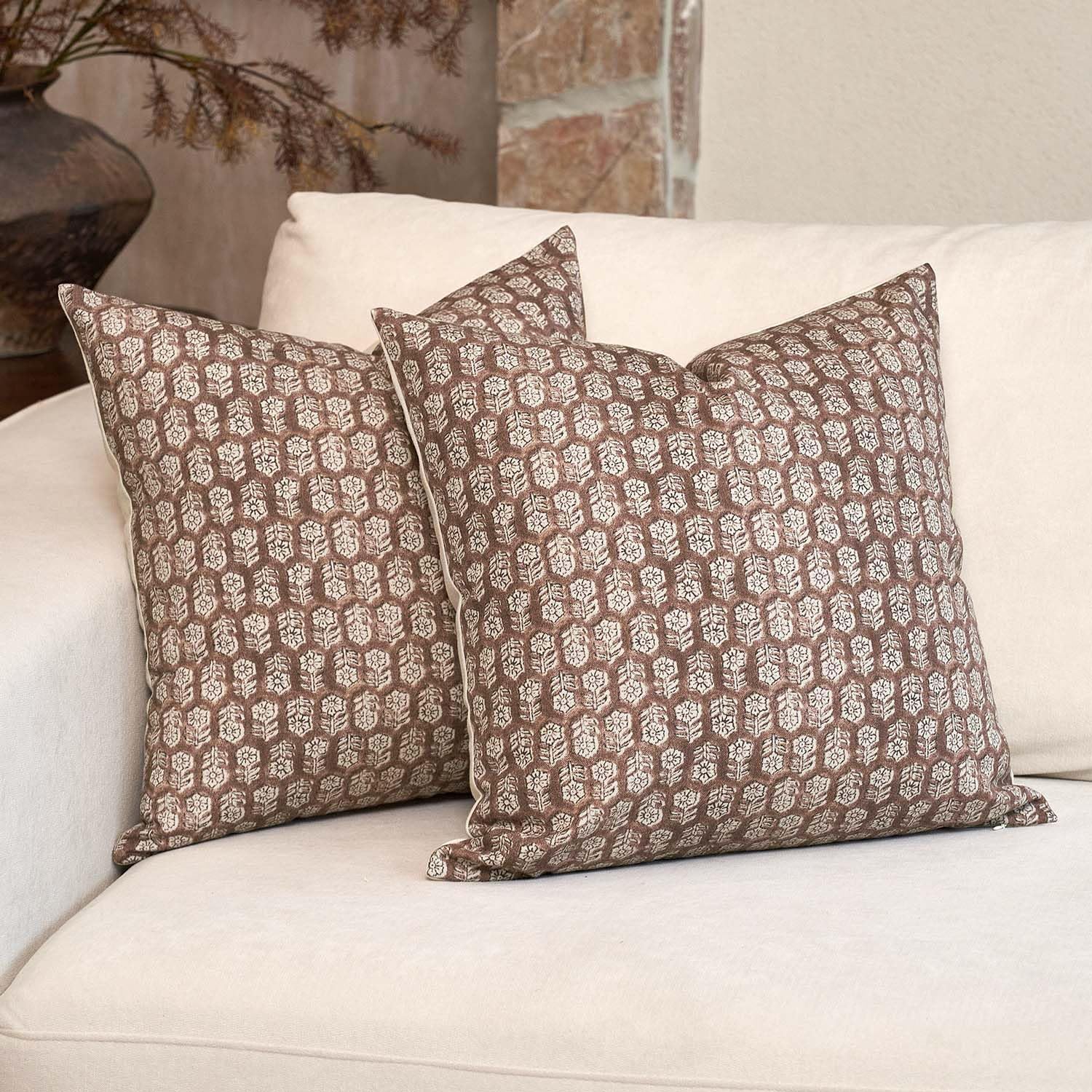 DOMVITUS Floral Pillow Covers Set of 2, Throw Pillow Covers 20x20, Floral Print Neutral Accent Decorative Pillow Covers for Living Room, Bed, Cognac