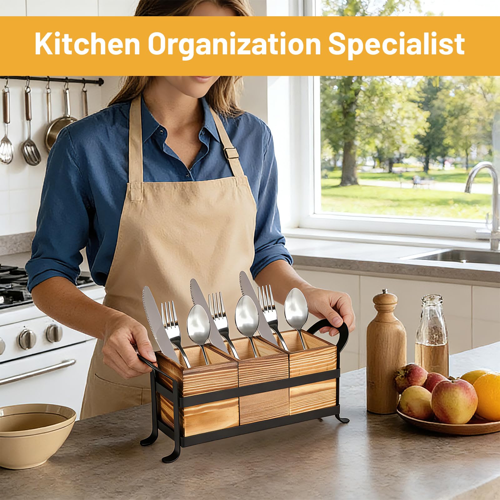 lalago 3-tlg. Besteckkasten Holz Metall, Besteckhalter Holz für Tisch, Holzbesteck Metallgestell, Besteckkorb Löffelhalter, Besteck Tisch Organizer, Besteckständer Esstischdeko für Küchentisch Braun