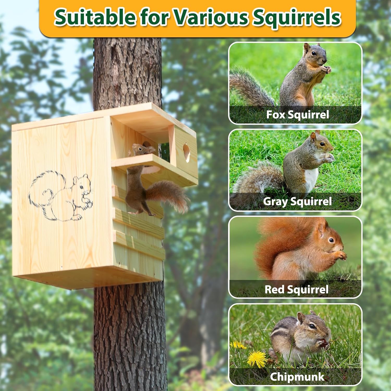 Widened Wooden Squirrel House Outdoor, Large Nesting Box with External Platform for Squirrels and Chipmunks Extra Large:11.8x12.6x16.5in