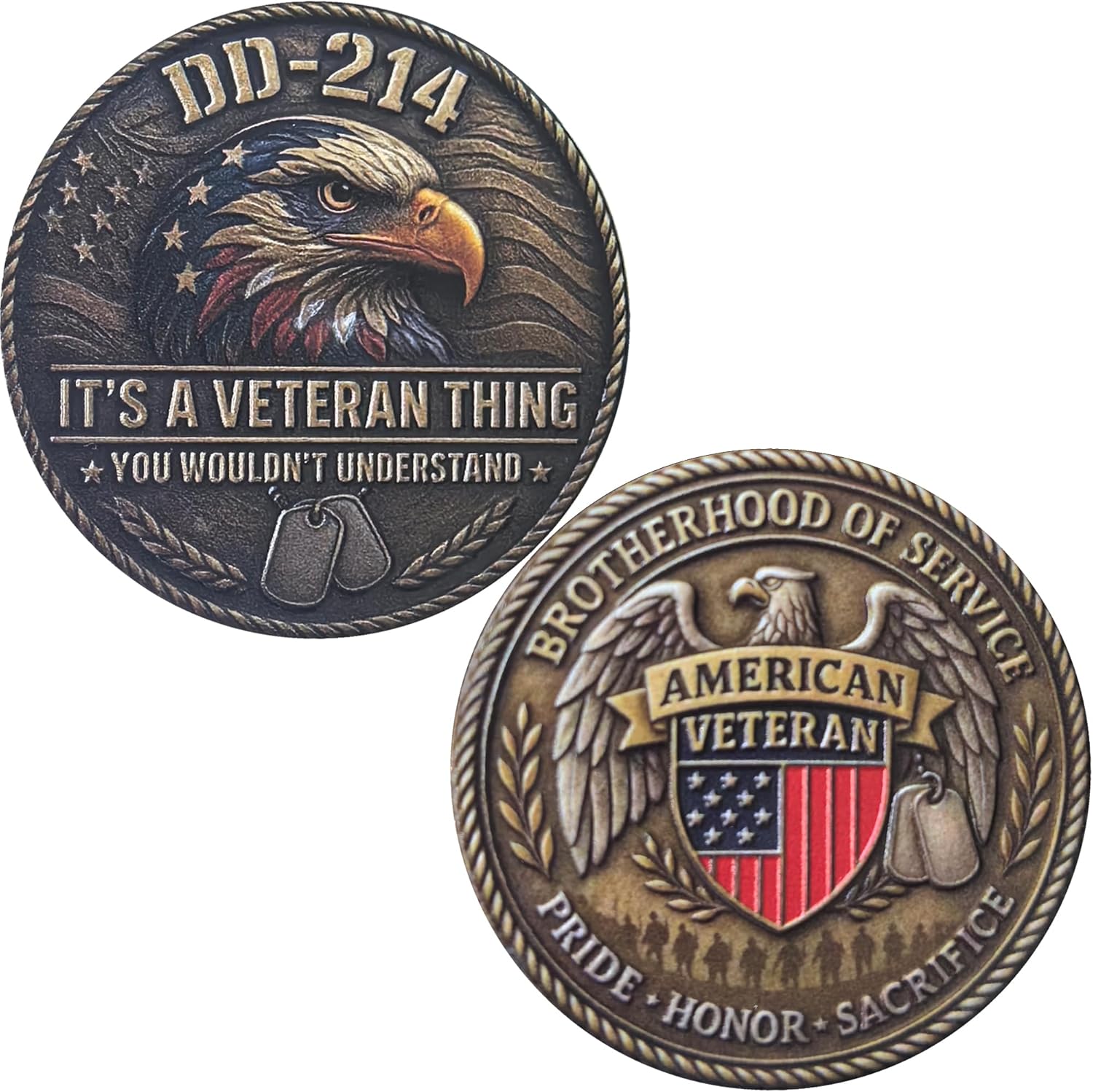 US Veteran Challenge Coin – DD-214 & Brotherhood of Service Design, It's a Veteran Thing Patriotic Metal Token with Protective Case