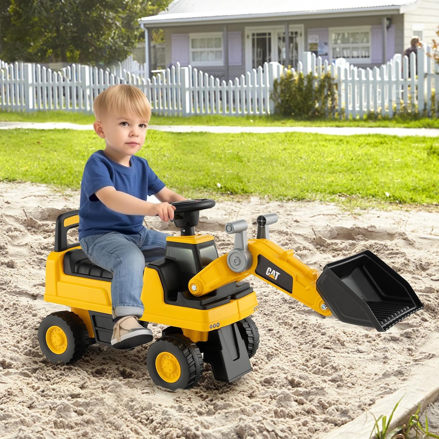 RELAX4LIFE Excavadora Correpasillos con Licencia Caterpillar, Brazo Ajustable, Volante, Bocina y Almacenamiento Oculto, Excavadora Juguete de PP para Niños 1-3 Años, Carga 25kg (Bulldozer)