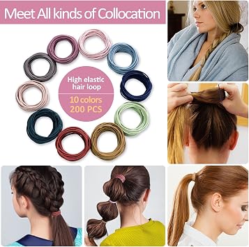 Hanyousheng 200 PCS Elastic Hair Bands, 2mm Thin Hair Ties, Multicolor Ponytail Holders, Hair Bobbles for Girls Women