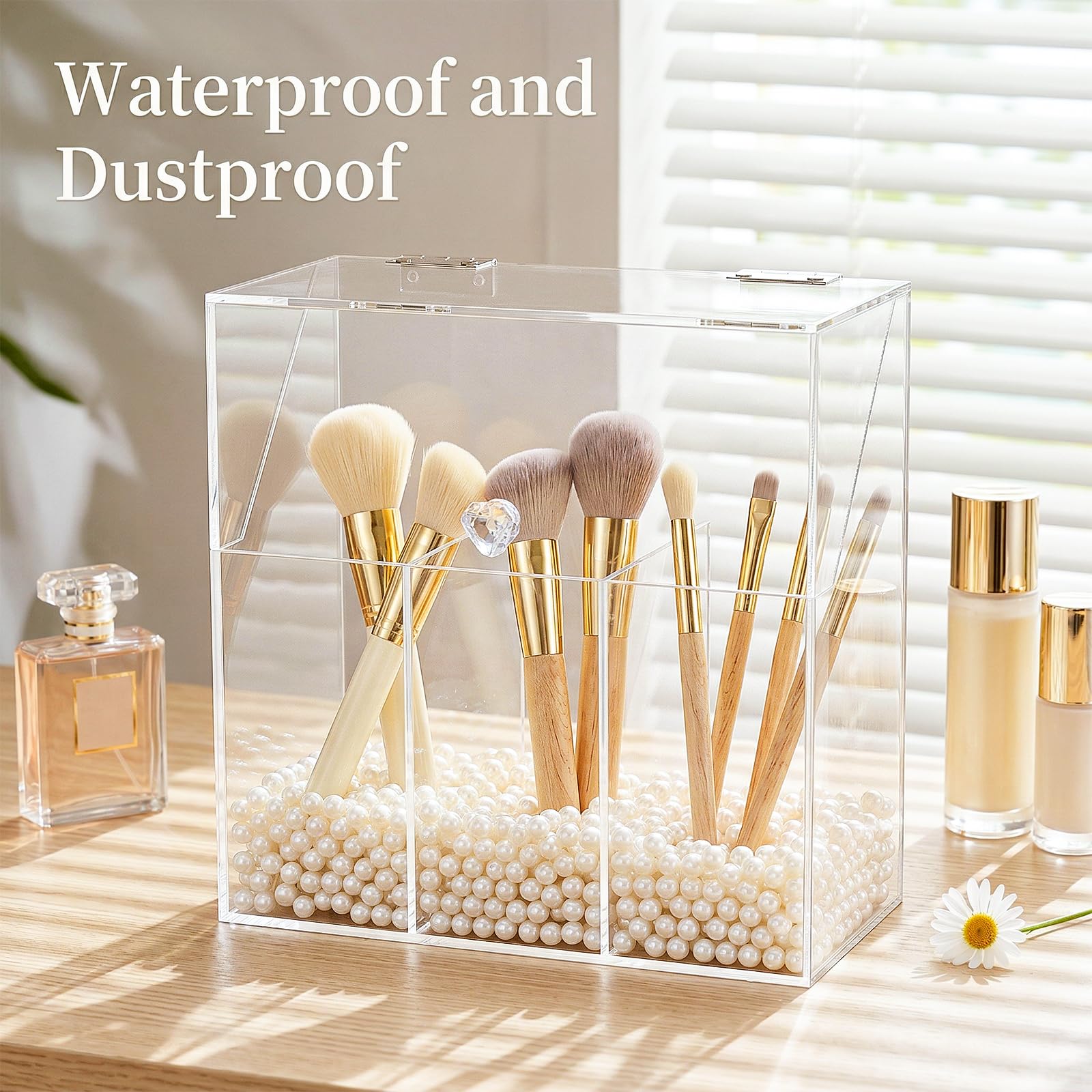 Okllen Acrylic Makeup Brush Holder with Dustproof Lid and 3 Compartments