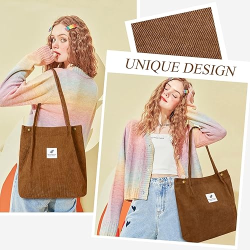 Vista 195 de Tote - Bolsa de hombro reutilizable de pana de gran capacidad con bolsillos interiores para mujeres y niñas Rayas