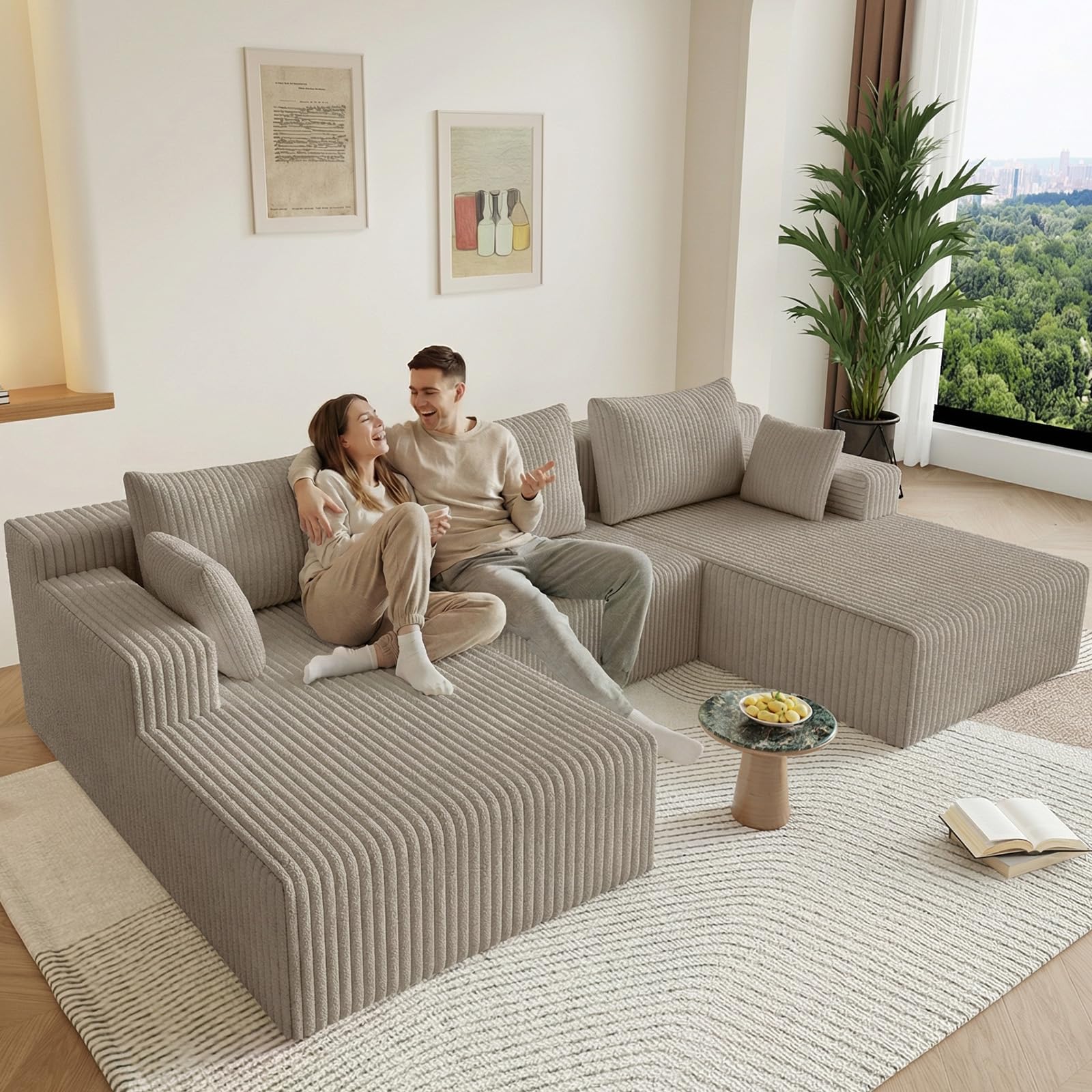 107" U-Shape Cloud Couch, Modern Modular Sectional U-Shape Sofa, Corduroy Boneless Couch Upholstered Couches Deep Seat Sleeper Chaise Longue for Living Room, No Assembly Required,Camel