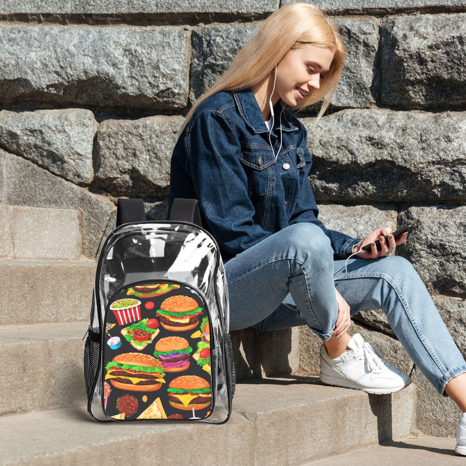 Wzór jedzenia zabawny nadruk unisex przezroczysty plecak zestaw 3-częściowy przezroczysty lunch torba na długopisy podróż na zewnątrz