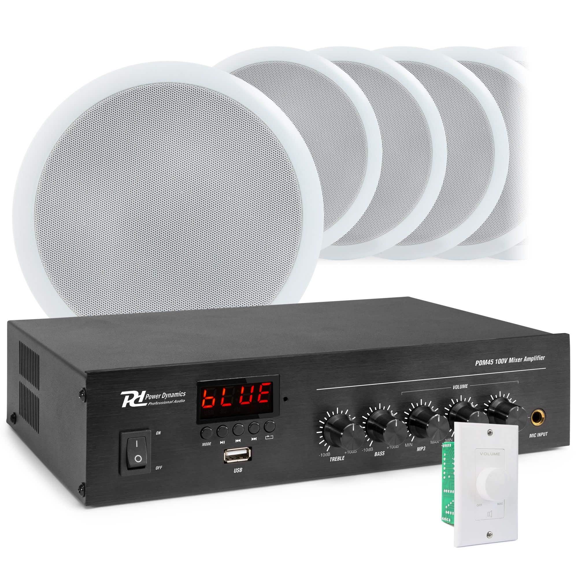 Sistema de Sonido 100V con 10 Altavoces de Techo - Bluetooth, Radio FM y MP3, Control de Volumen por Zonas, Instalación Fácil, Expansible, Sonido