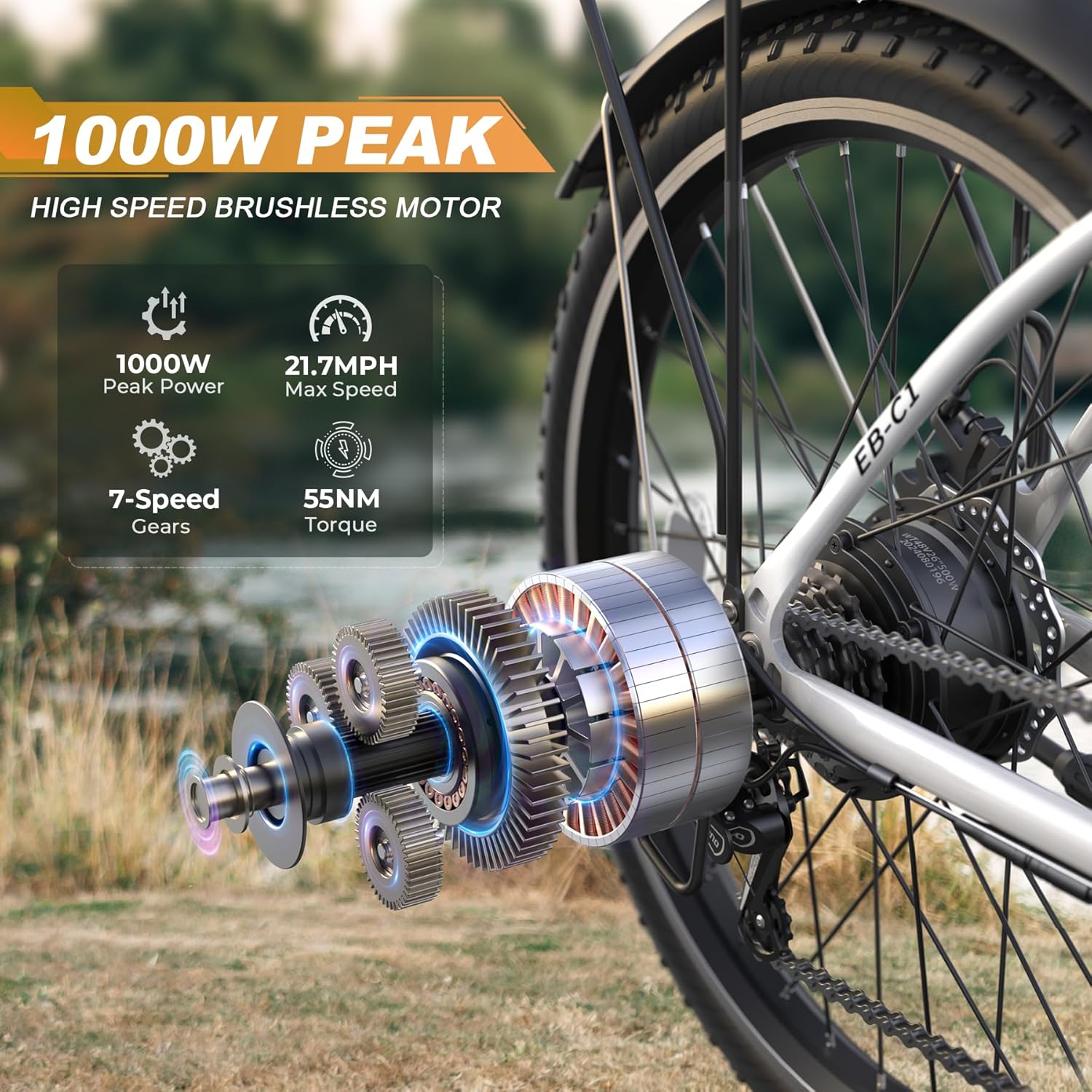Electric Bike for Adults, 26" City Cruiser Ebike with 1000W Peak Motor, 21.7MPH 50 Miles Commuter Adult Electric Bicycles with 48V Battery, Adjustable Stem, 7-Speed, UL 2849 Certified