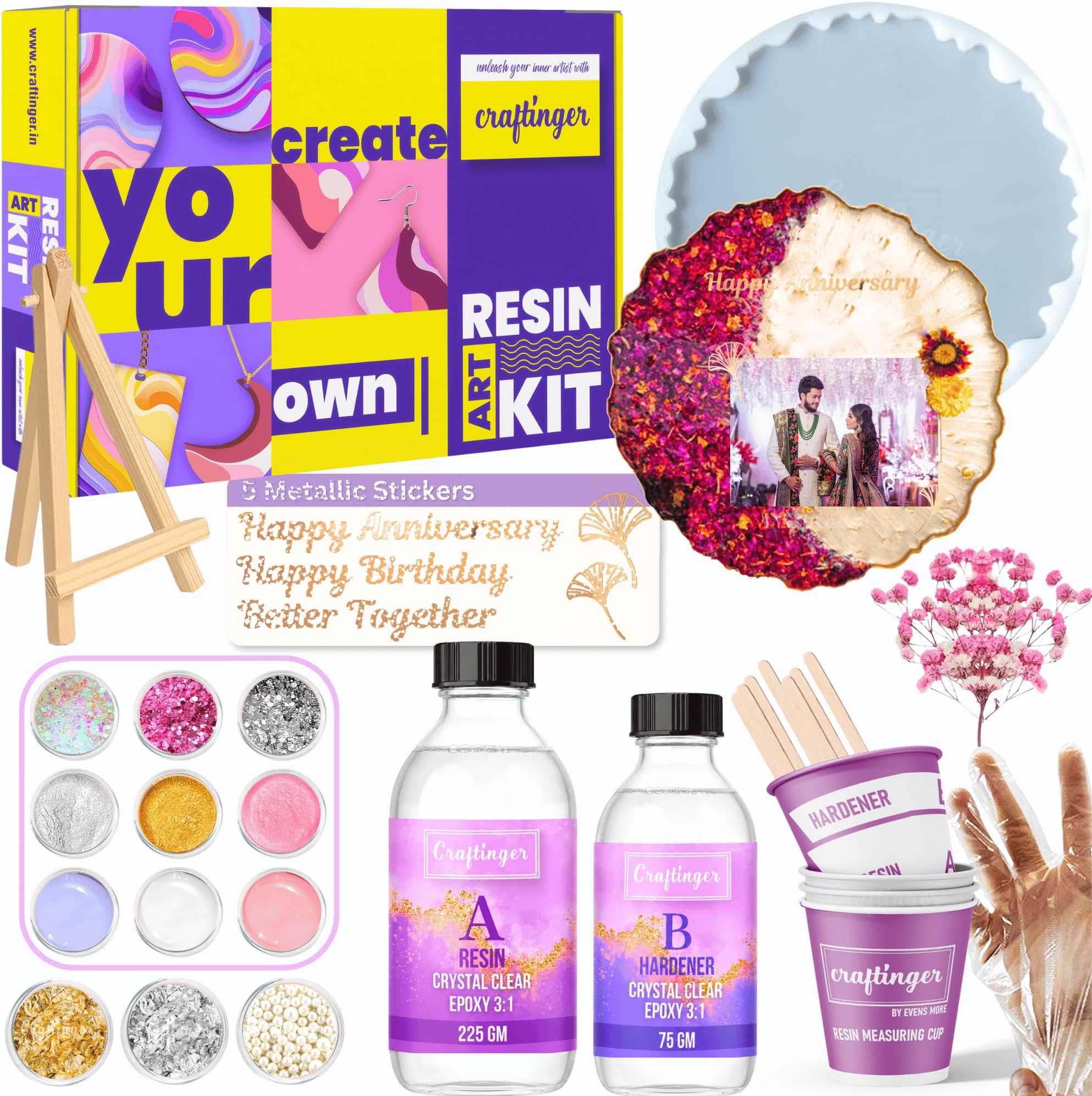 Craftinger Resin Art Photoframe Kit with 300gm Resin & Wooden Stand Acrelic Sticker of Happy Birthday and Happy Anniversary