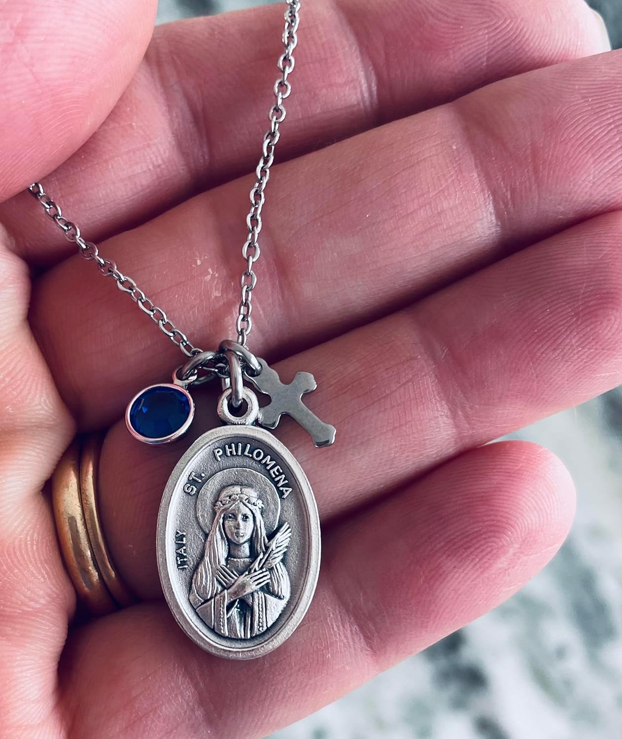 St. Philomena Necklace – Handmade Catholic Medal Pendant with Cross & Birthstone – Patron Saint of Youth, Purity & Courage – Stainless Steel Chain - Image 3