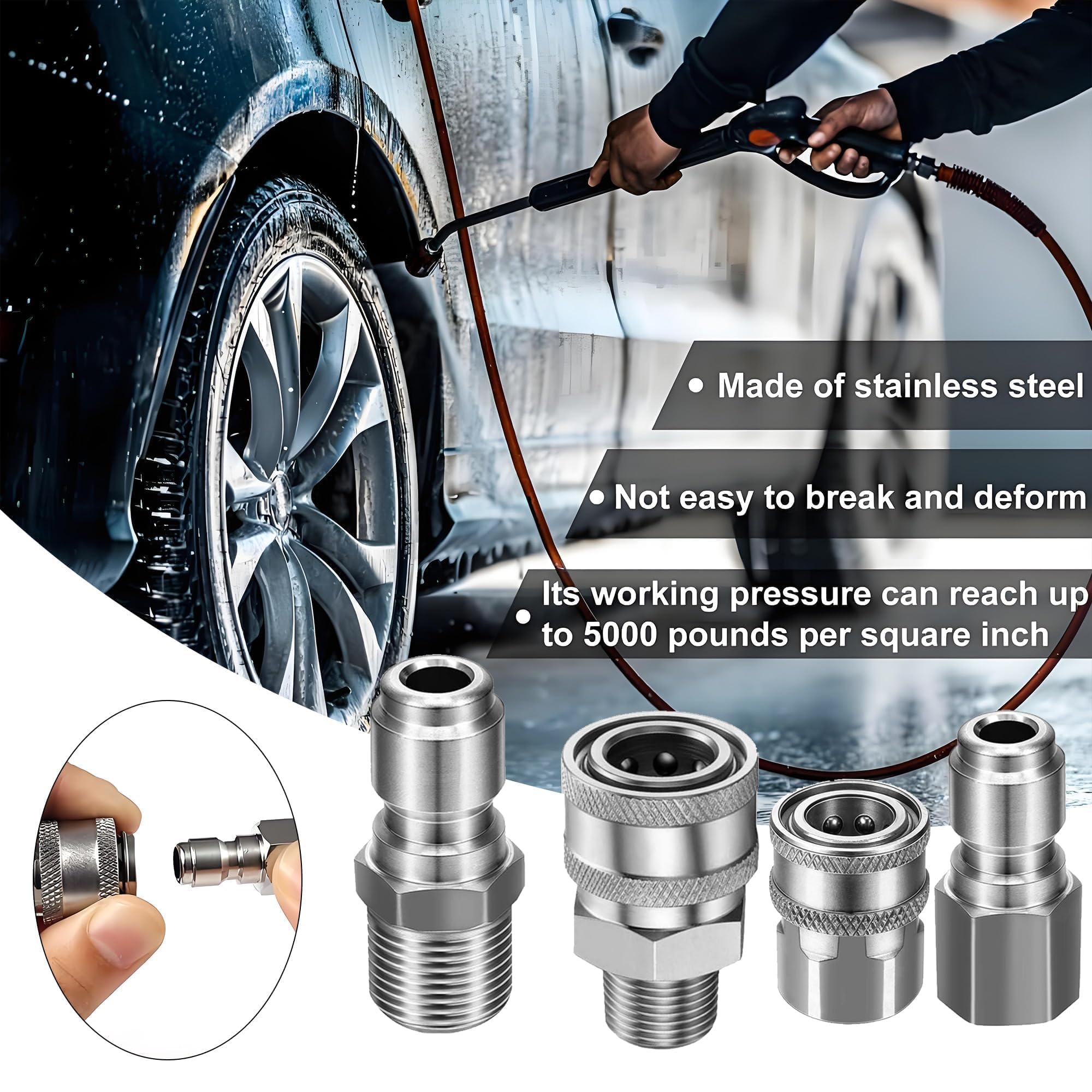 4 accoppiatori per idropulitrice NPT 3/8 a connessione rapida, raccordi in acciaio inox, accoppiatori maschio-femmina, per collegamento rapido e sgancio rapido (3/8)